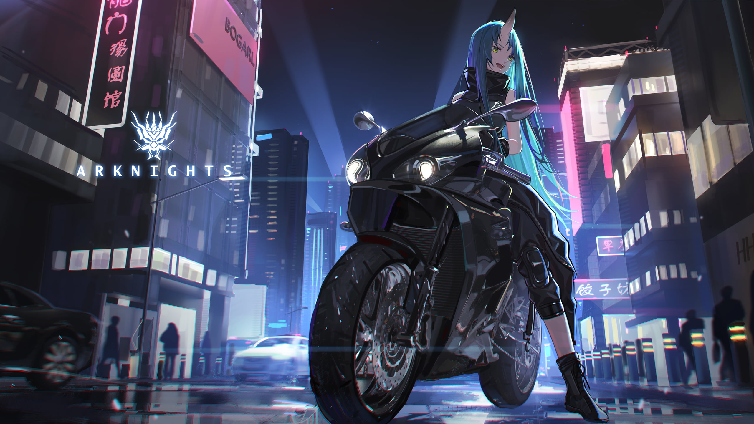 XTears, anime girls, night, Hoshiguma (Arknights), anime, Oni, motorcycle, Arknights, oni girl, 2K, demon girls, HD Wallpaper