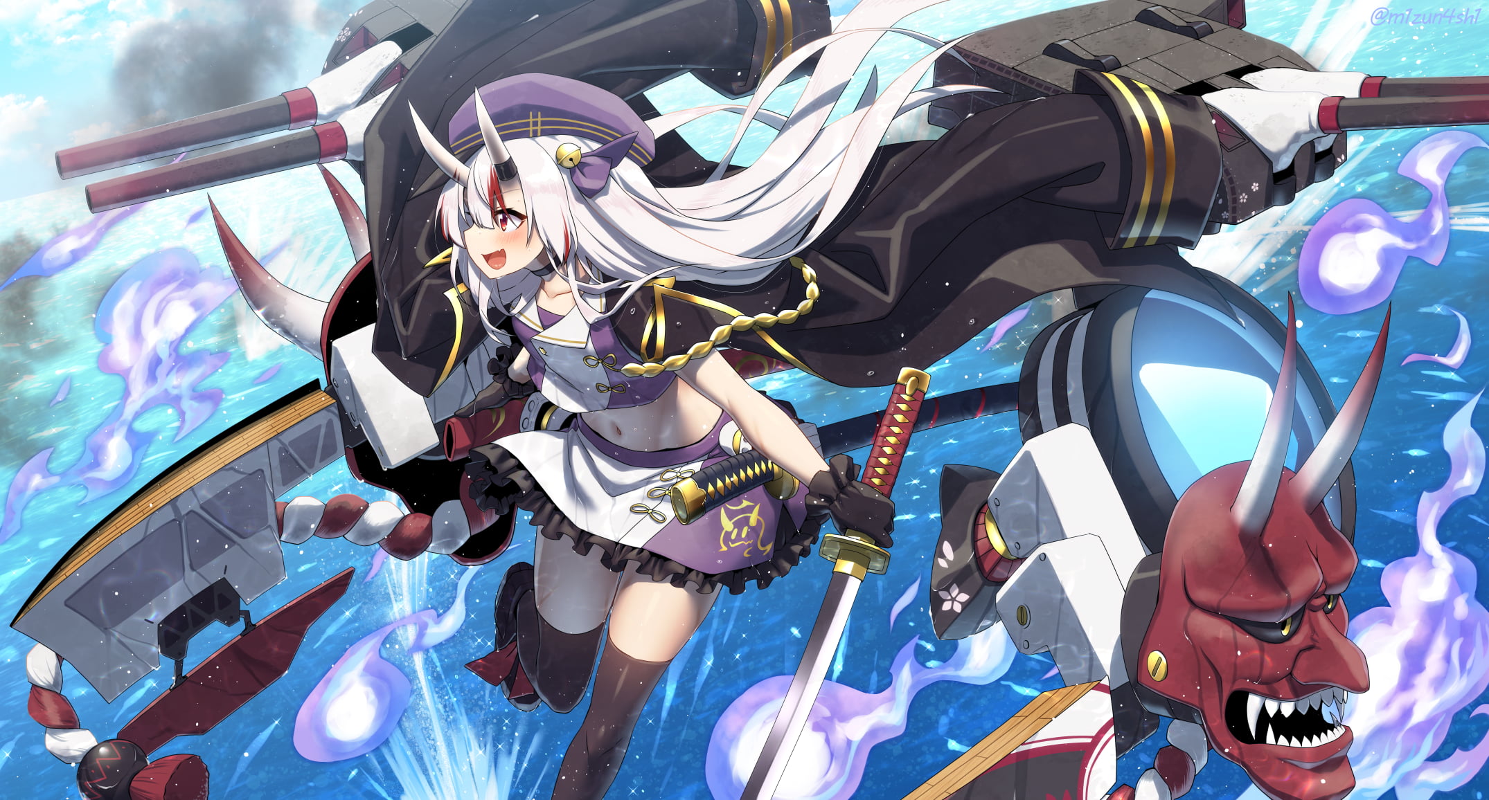 white hair, Azur Lane, black stockings, 1080P, Hololive, red eyes, long hair, Nakiri Ayame, katana, coats, uniform, crossover, hair bows, HD Wallpaper