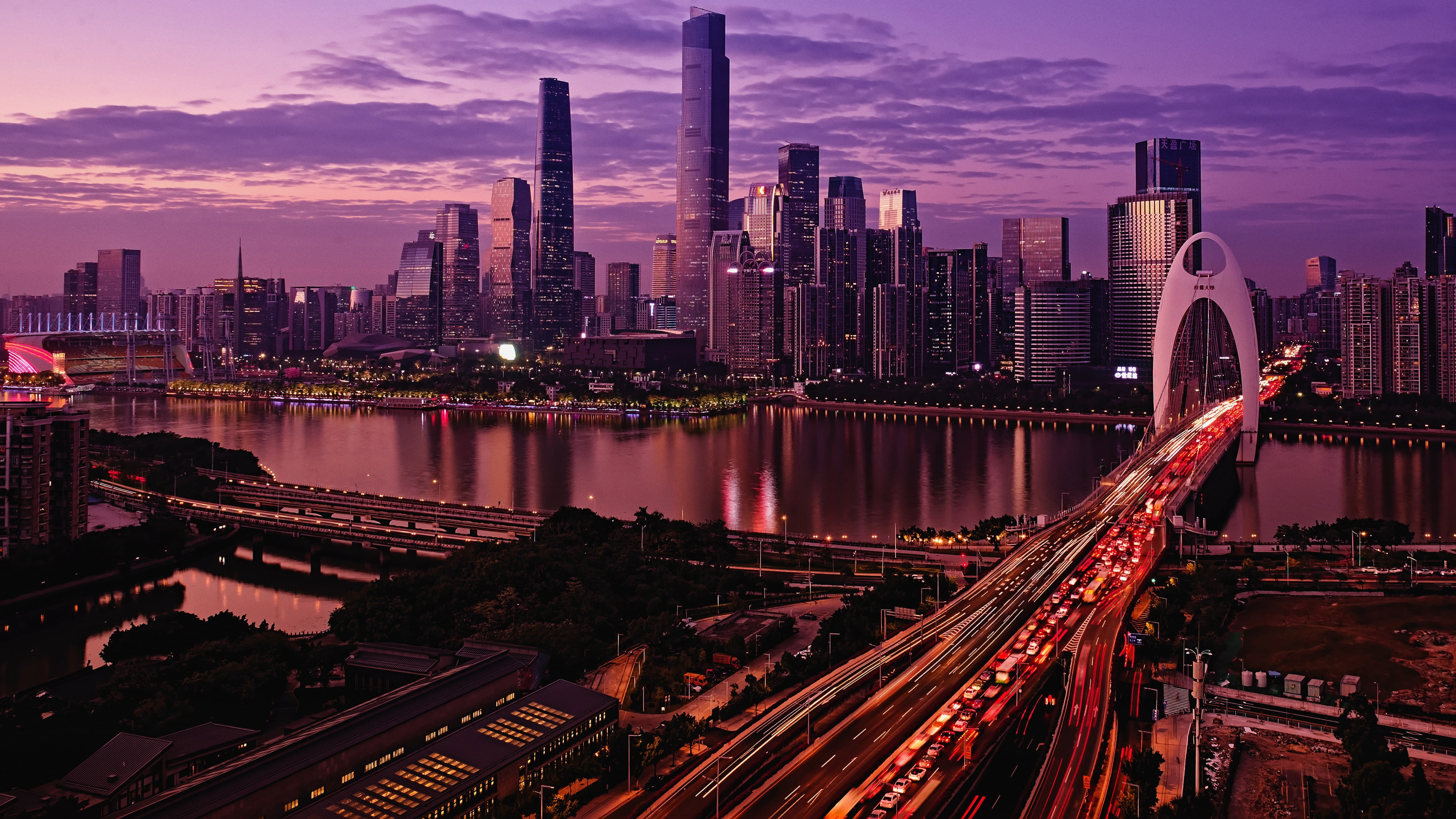 4K, china, canton, purple cityscape, river, long exposure photography, pearl river, long-exposure photography, guangzhou, liede bridge, asia, HD Wallpaper