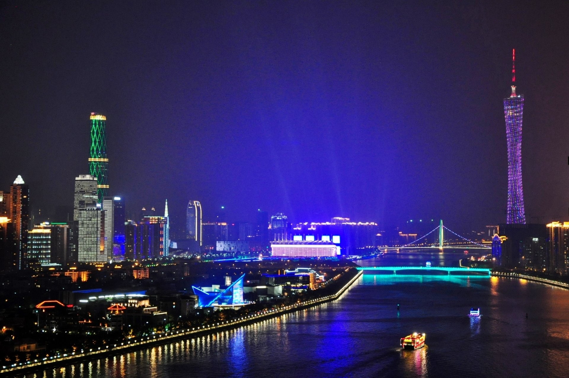 Guangzhou, China, Canton Tower, 1080P, Night, Pearl River, Cities, HD Wallpaper