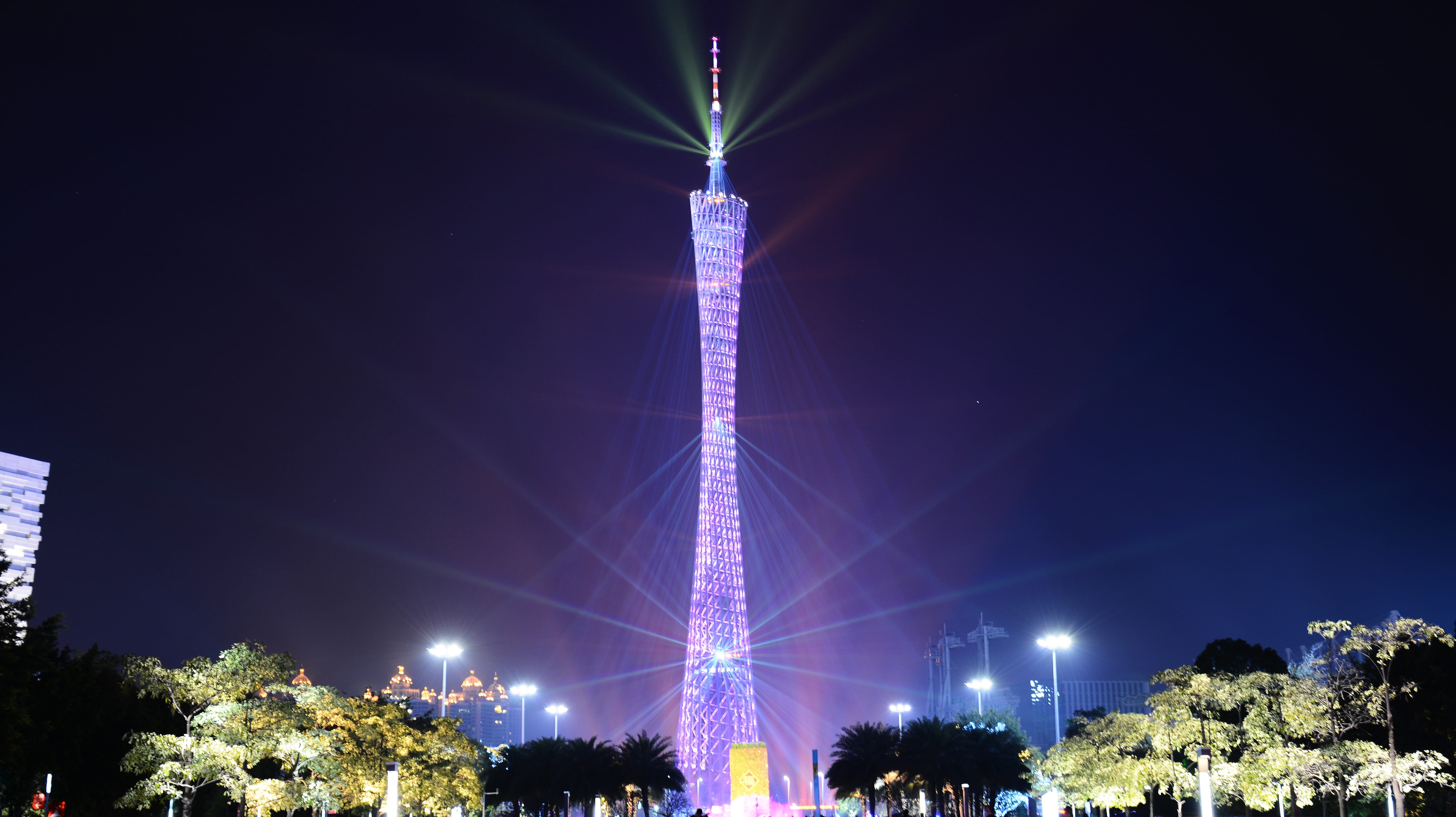 copy space, low angle view, guangzhou, nature, tower, plant, architecture, canton tower, sky, no people, 5K, building exterior, night, lighting equipment, HD Wallpaper