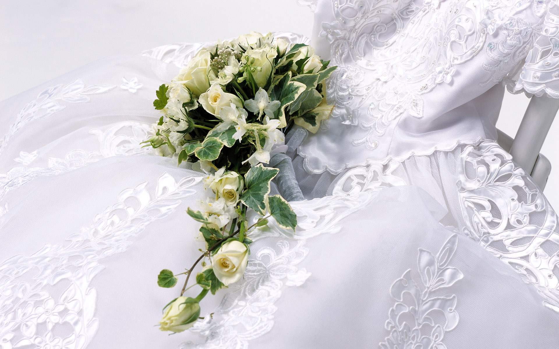 dress, 1080P, flowers, depth of field, depth, wedding, field, photography, wedding dress, HD Wallpaper