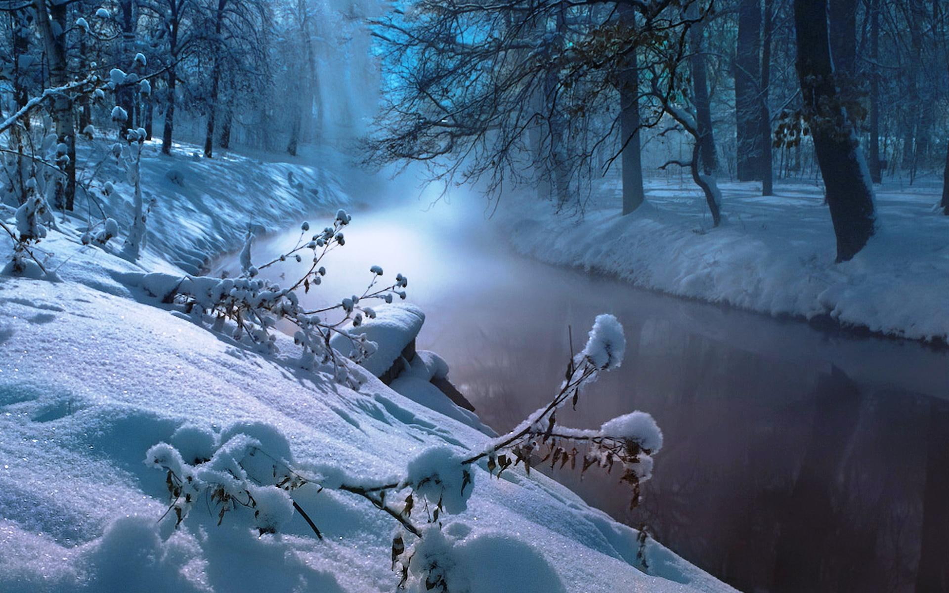 widescreen, landscapes, nice, panor, cold, 1080P, picture, white, photo, body, forest, river, water, winter, gold, grove, sunny, surface, blue, HD Wallpaper