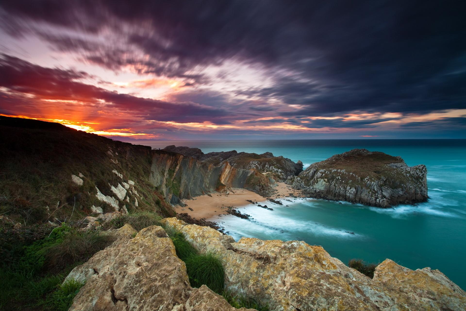 1080P, beije, horizon, seaside, surface, picture, sunrise, magenta, background, white, nice, stones, blue, rocks, HD Wallpaper