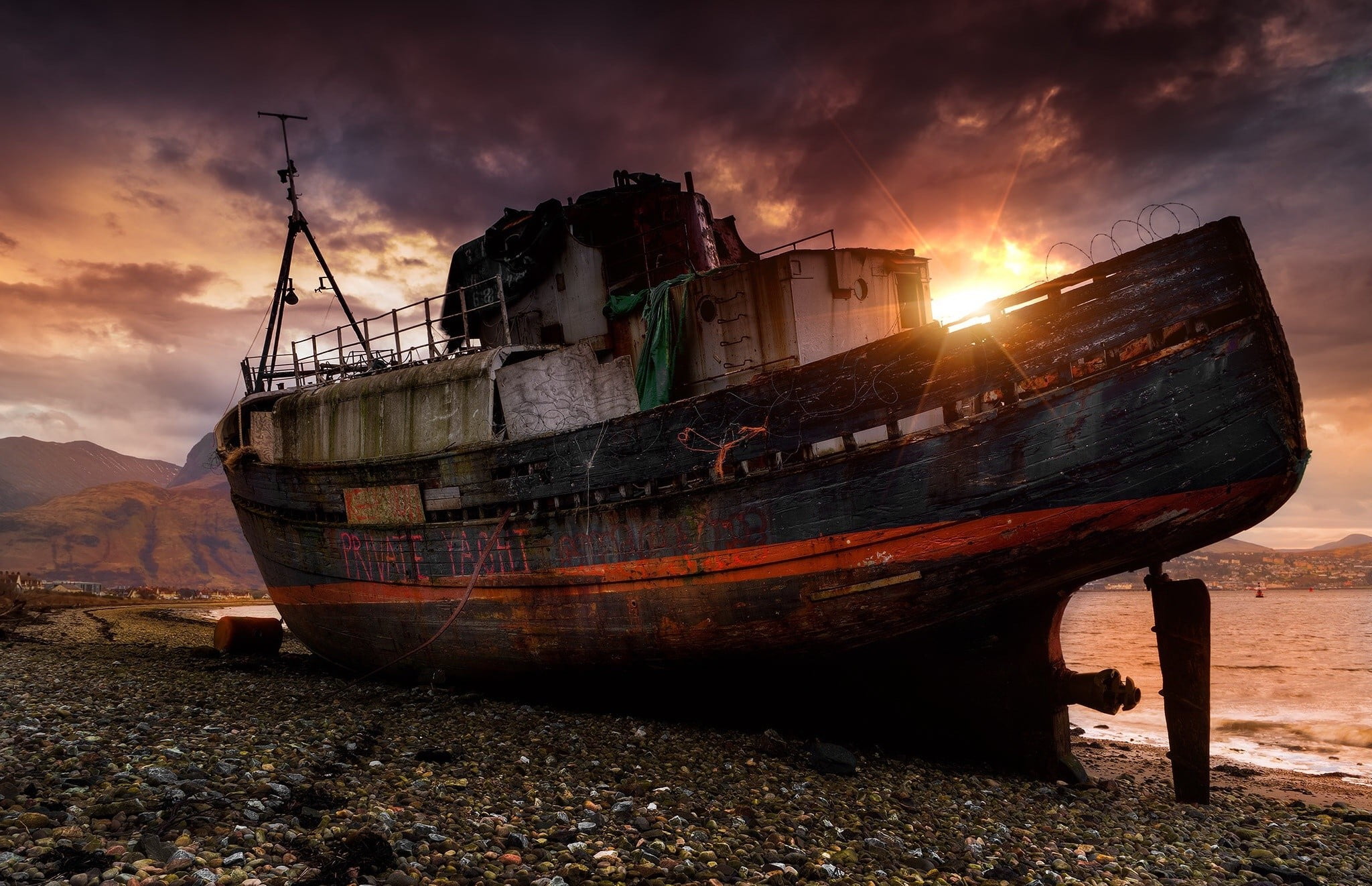 land, nautical vessel, ruined, 1080P, sky, transportation, outdoors, decline, deterioration, mode of transportation, black, sailboat, wreck, abandoned, HD Wallpaper