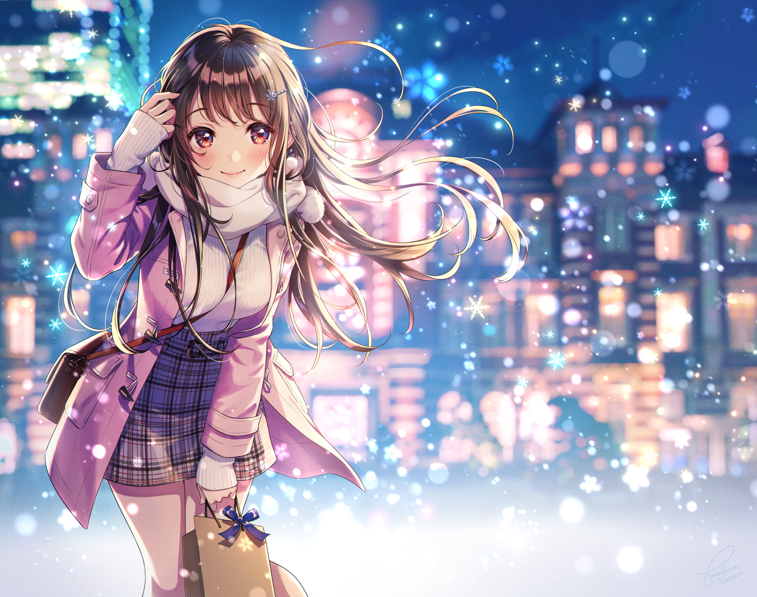 Morikura En, cold, presents, purses, scarf, miniskirt, looking at viewer, 1080P, bokeh, snowflakes, anime, blushing, outdoors, city lights, windy, snowflake, HD Wallpaper
