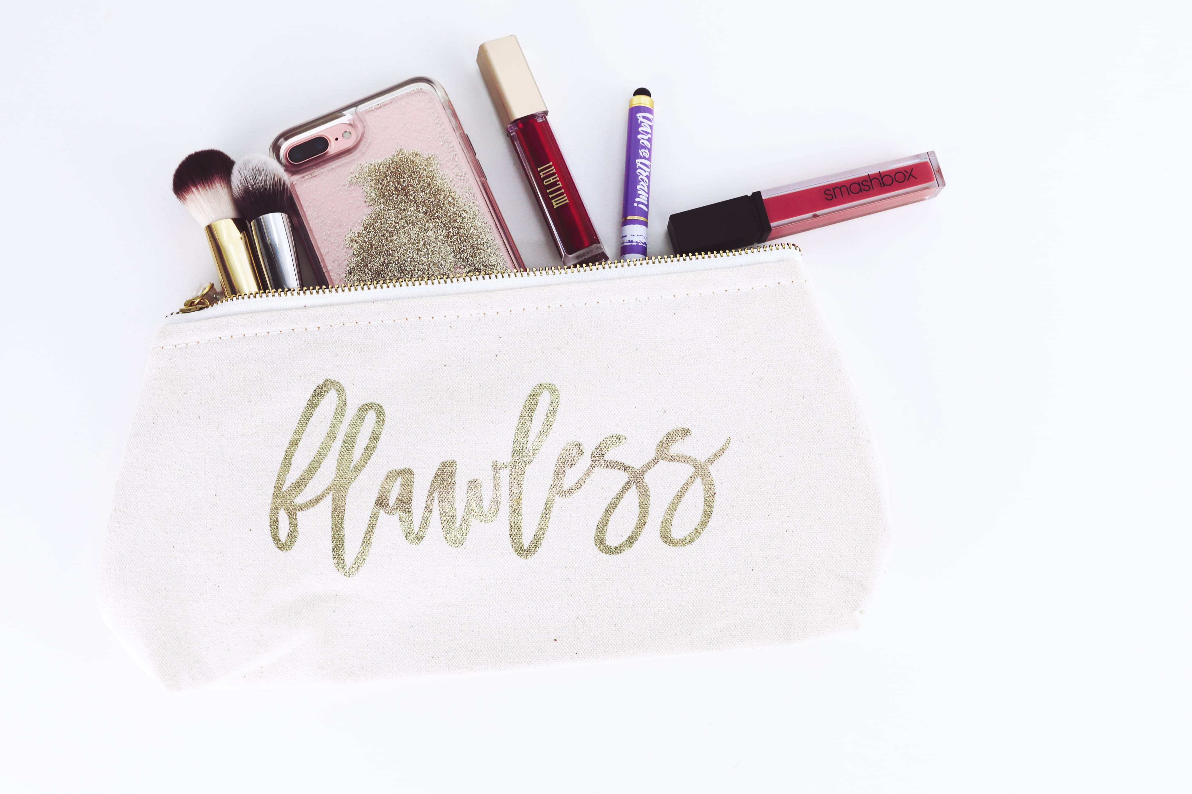 business, text, indoors, make-up, beauty, pouch, office, message, lipstick, iphone, makeup, clutch, makeup brush, kit, still life, white color, pen, white background, HD Wallpaper