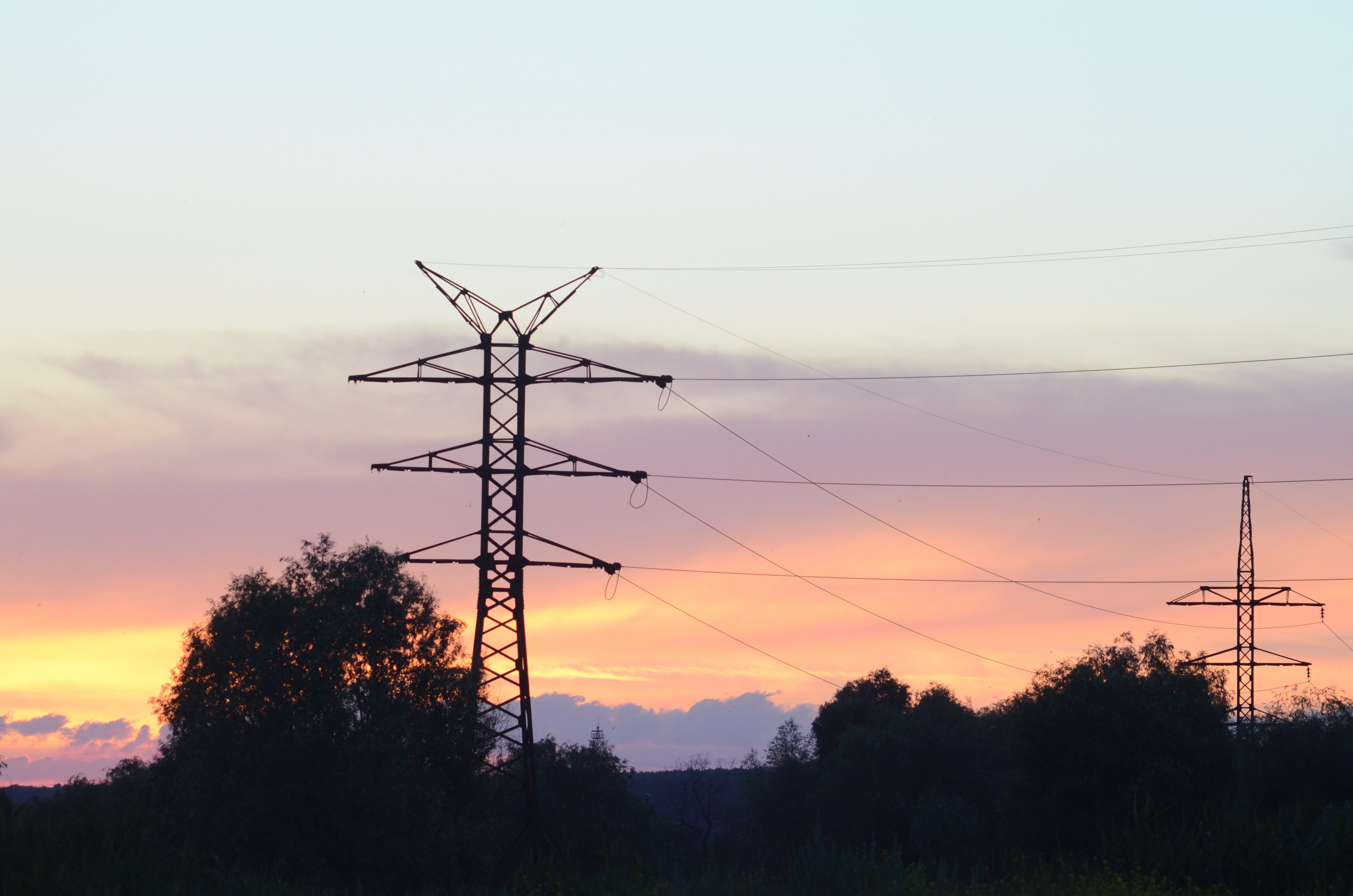 engineering, orange color, tree, inzheniriya, electricity pylon, civilization, 4K, telephone line, electricity, ecology, transmission towers, cloud - sky, HD Wallpaper