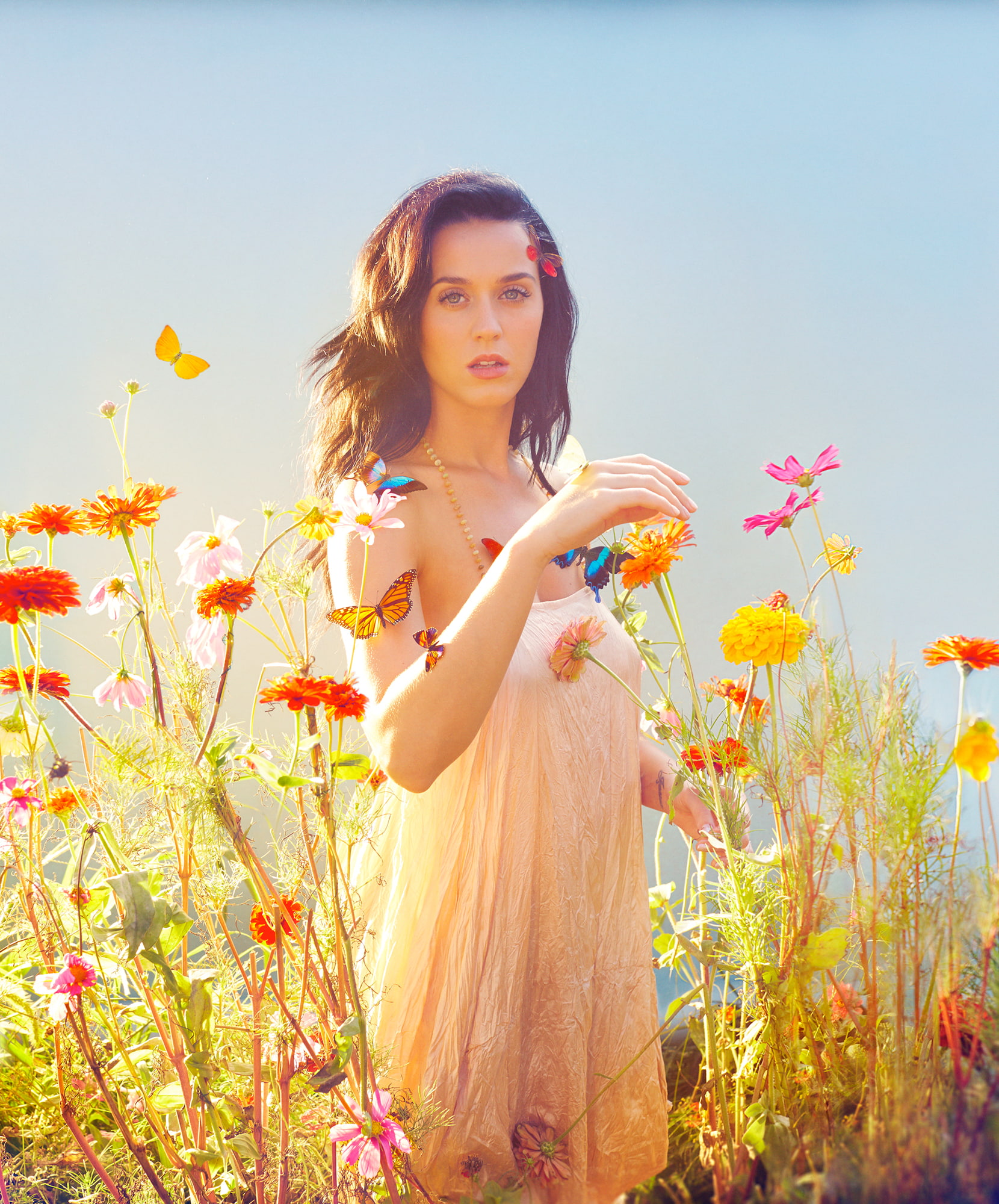 singer, nature, springtime, plant, hair, freedom, 1080P, contemplation, beauty, beautiful woman, beautiful people, sky, flower, summer, women, Katy Perry, Phone HD Wallpaper