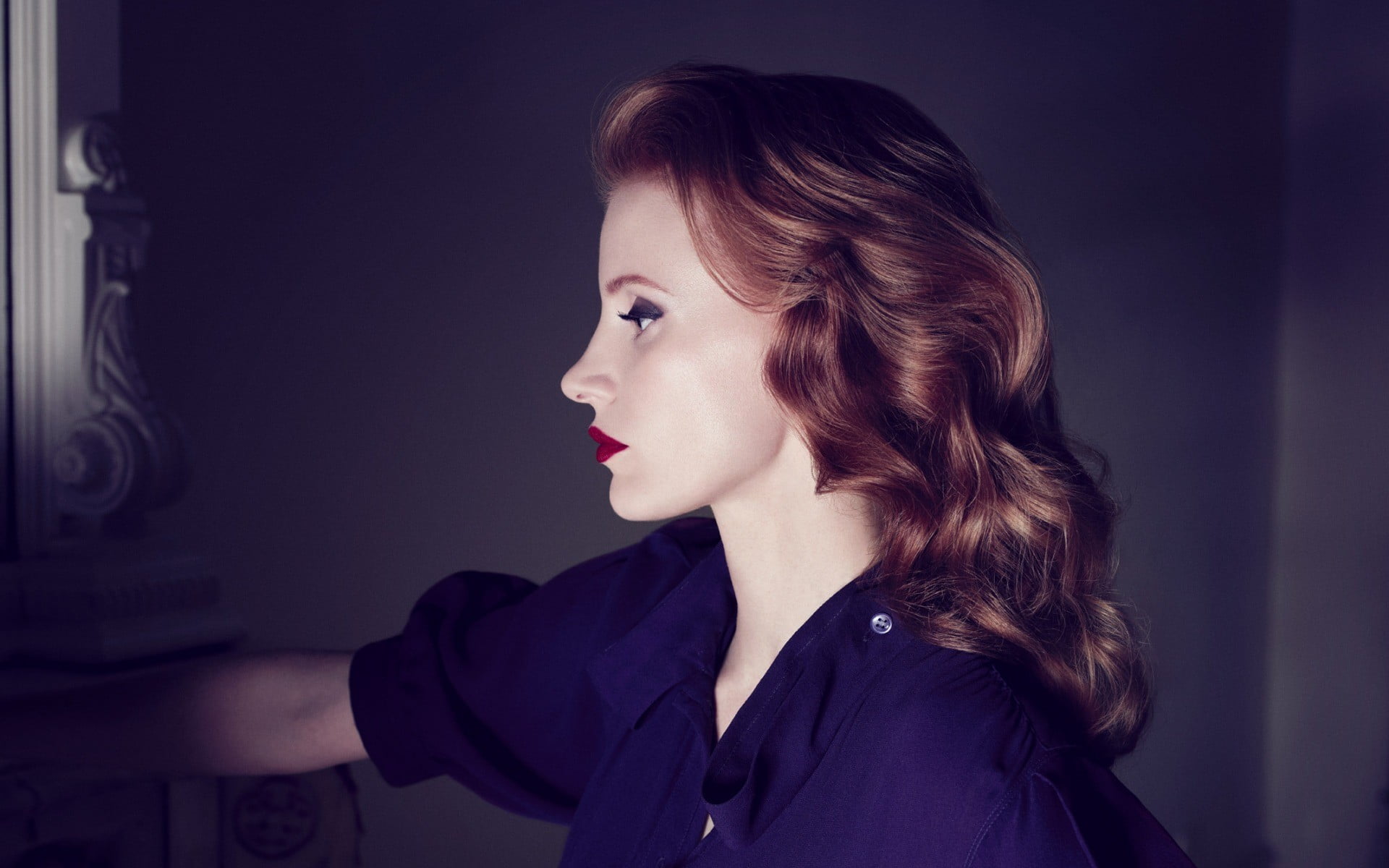 lipstick, teenager, brown hair, hair, red lipstick, indoors, 1080P, looking, looking away, fashion, contemplation, beauty, profile view, one person, profile, HD Wallpaper