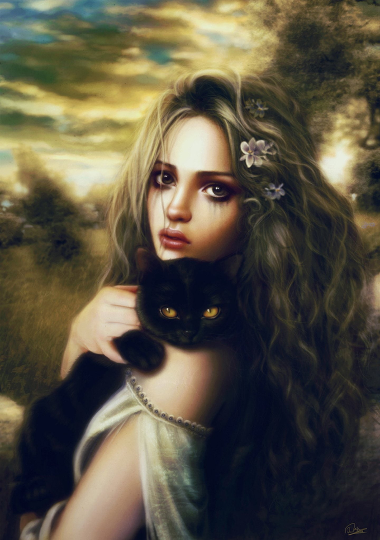 1080P, fashion, young adult, witch, hairstyle, long hair, glamour, females, beautiful people, women, looking at camera, woman, one person, beauty, cat, Phone HD Wallpaper