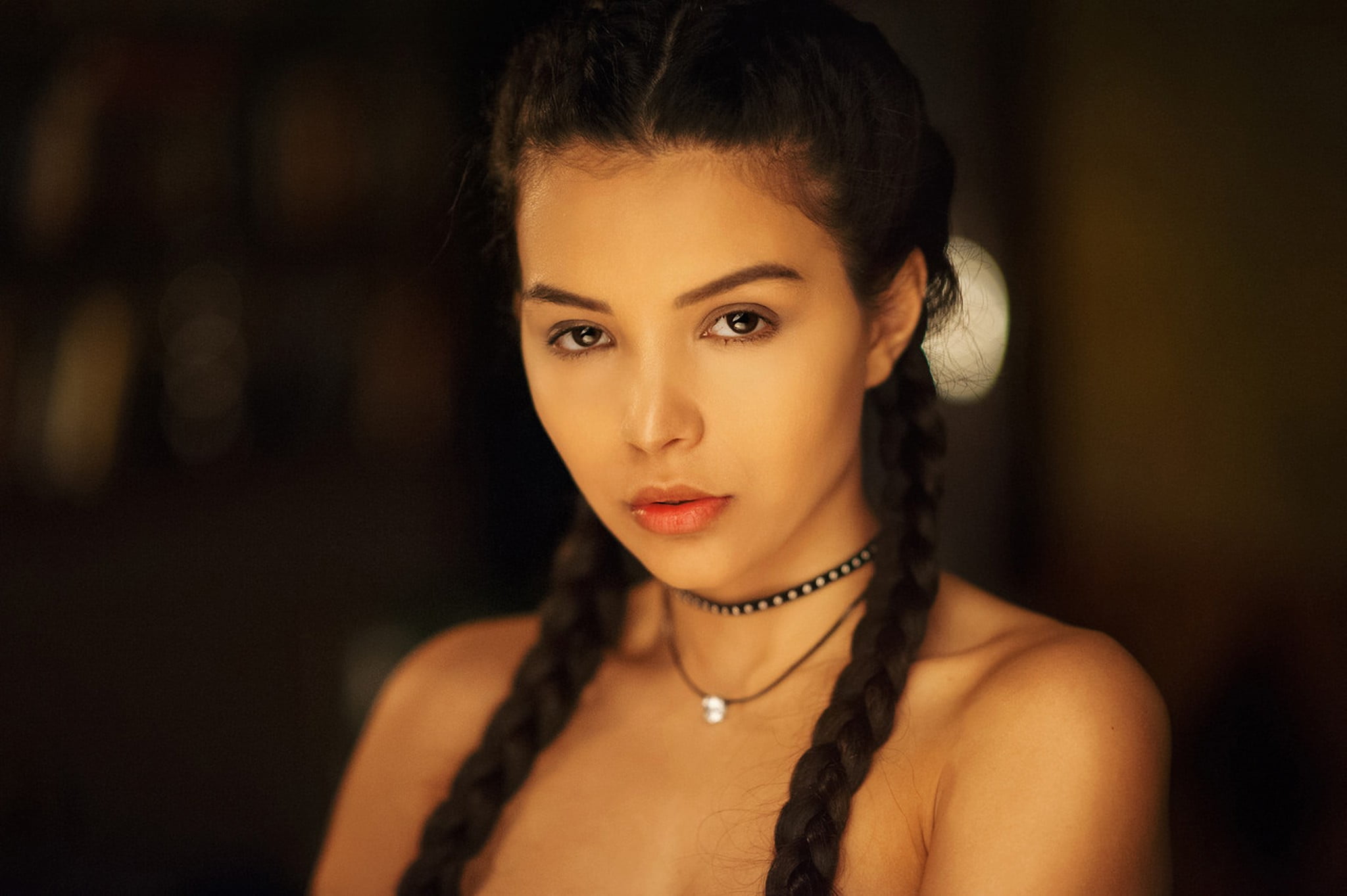 brown hair, hairstyle, Sofi Asadullayeva, adult, face, beautiful woman, necklace, portrait, 1080P, headshot, young women, jewelry, Maxim Maximov, hair, HD Wallpaper