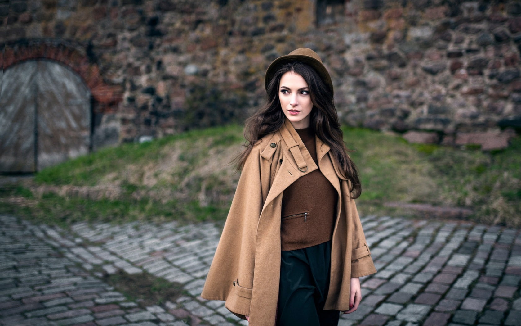 portrait, standing, focus on foreground, outdoors, looking at camera, coats, women outdoors, brick, one person, lifestyles, young women, adult, long hair, HD Wallpaper
