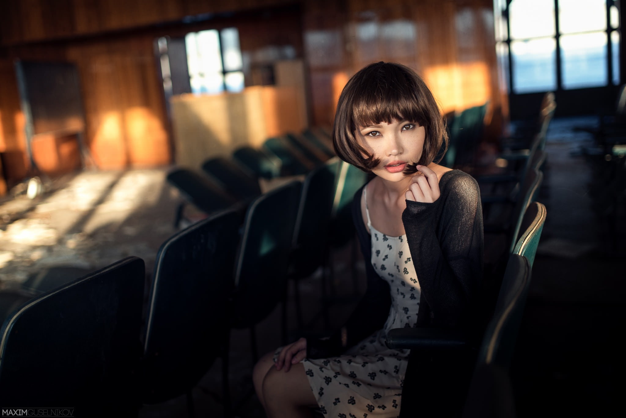 Karina Kim, 1080P, Asian, portrait, Maxim Guselnikov, women, sitting, HD Wallpaper