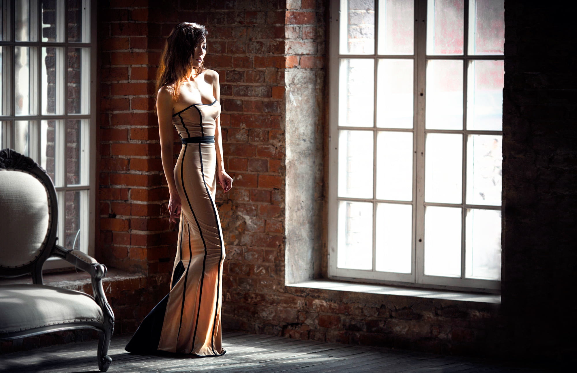 girl, architecture, contemplation, adult, indoors, 1080P, women, side view, brick, full length, window, clothing, one person, young women, day, fashion, HD Wallpaper