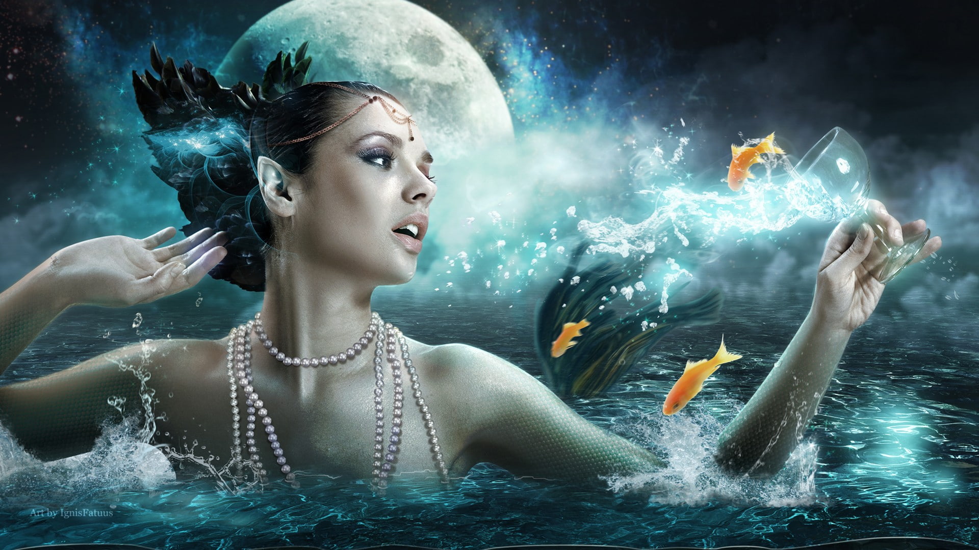 fish, pearl necklace, face, Moon, fantasy girl, fantasy art, digital art, 1080P, HD Wallpaper