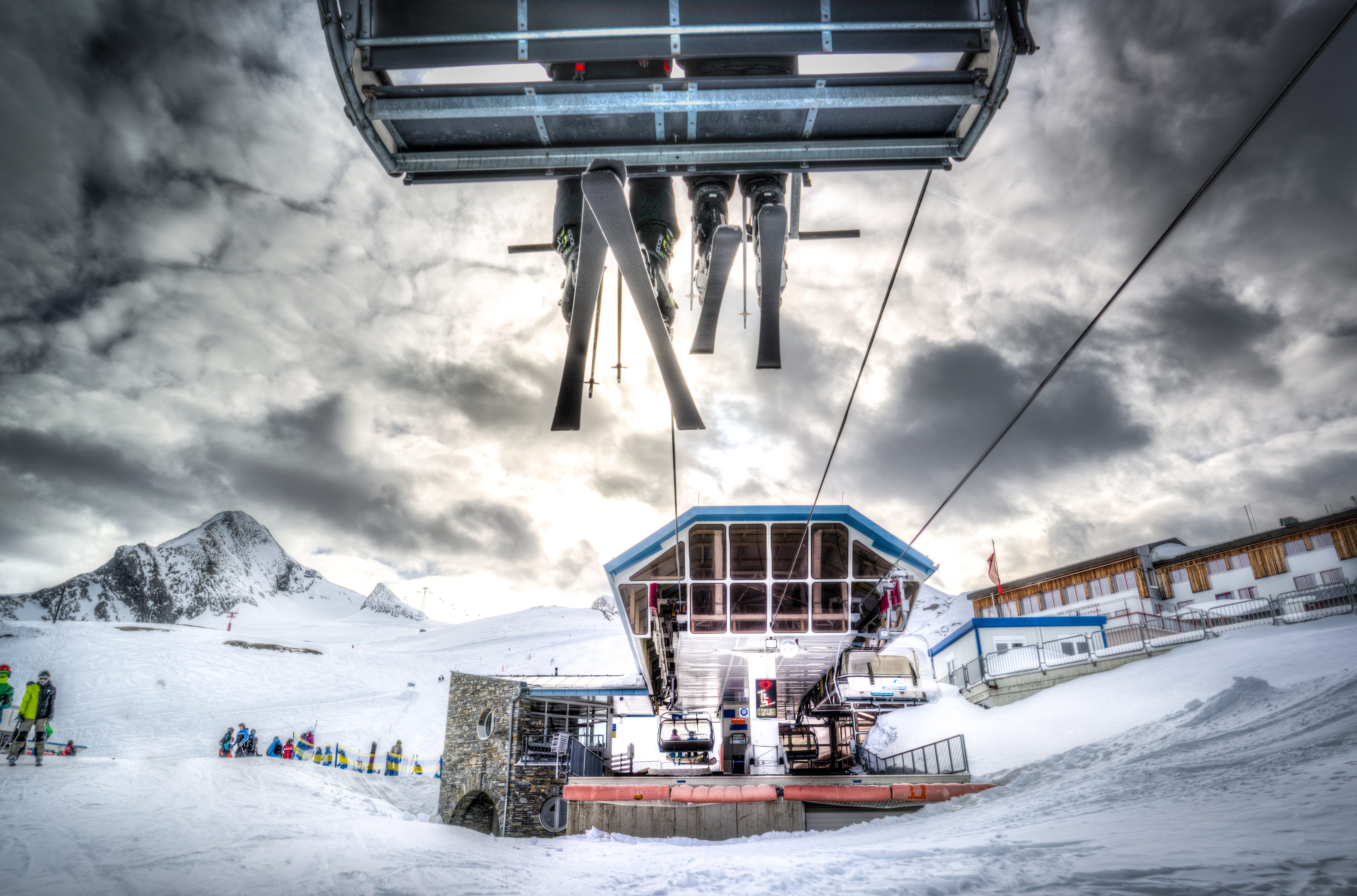 mountains, storm, mountain, lift, nature, outdoors, cold, skiing, ski, mode of transportation, 5K, landscape, beauty in nature, wintry, building exterior, HD Wallpaper