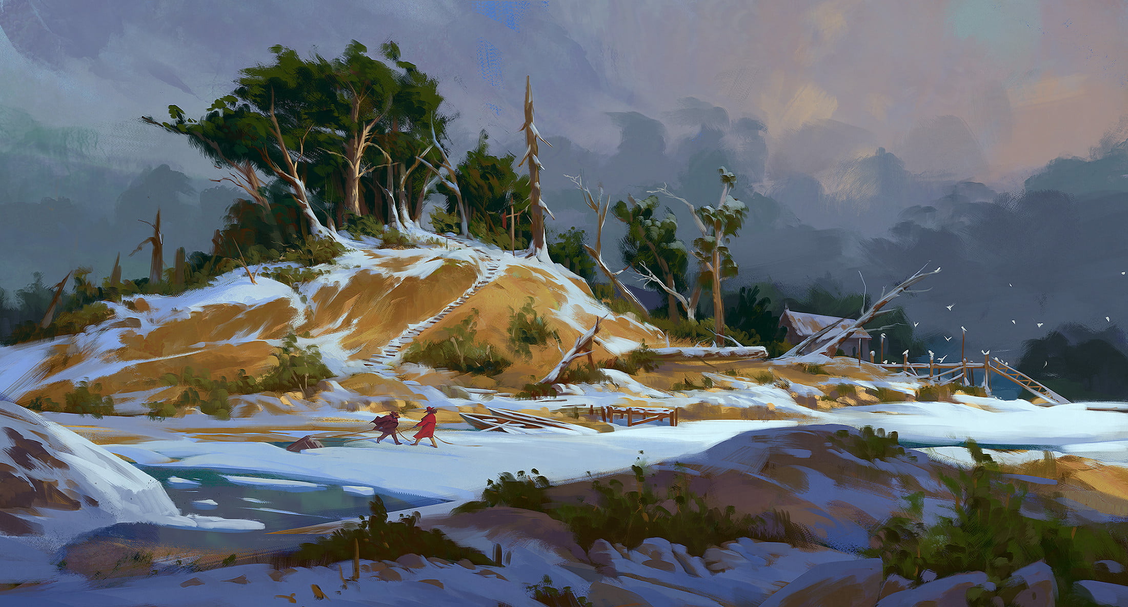 path, 1080P, people, landscape, concept art, illustration, trees, branch, winter, birds, lake, grass, boat, Erikas Perl, snow, HD Wallpaper