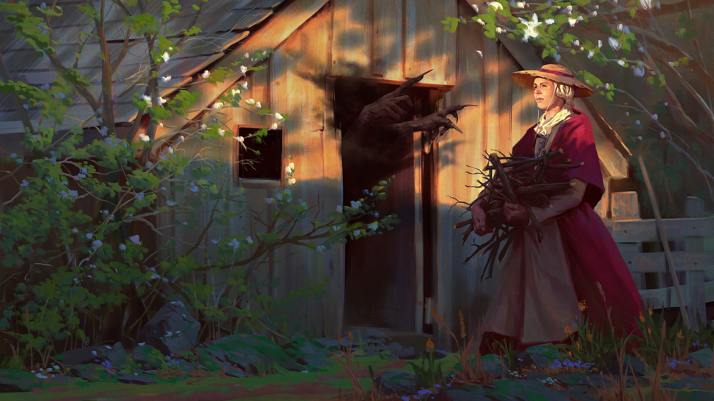 farm, creature, Erikas Perl, women, nature, old people, flowers, branch, hat, dress, illustration, door, concept art, house, 1080P, HD Wallpaper
