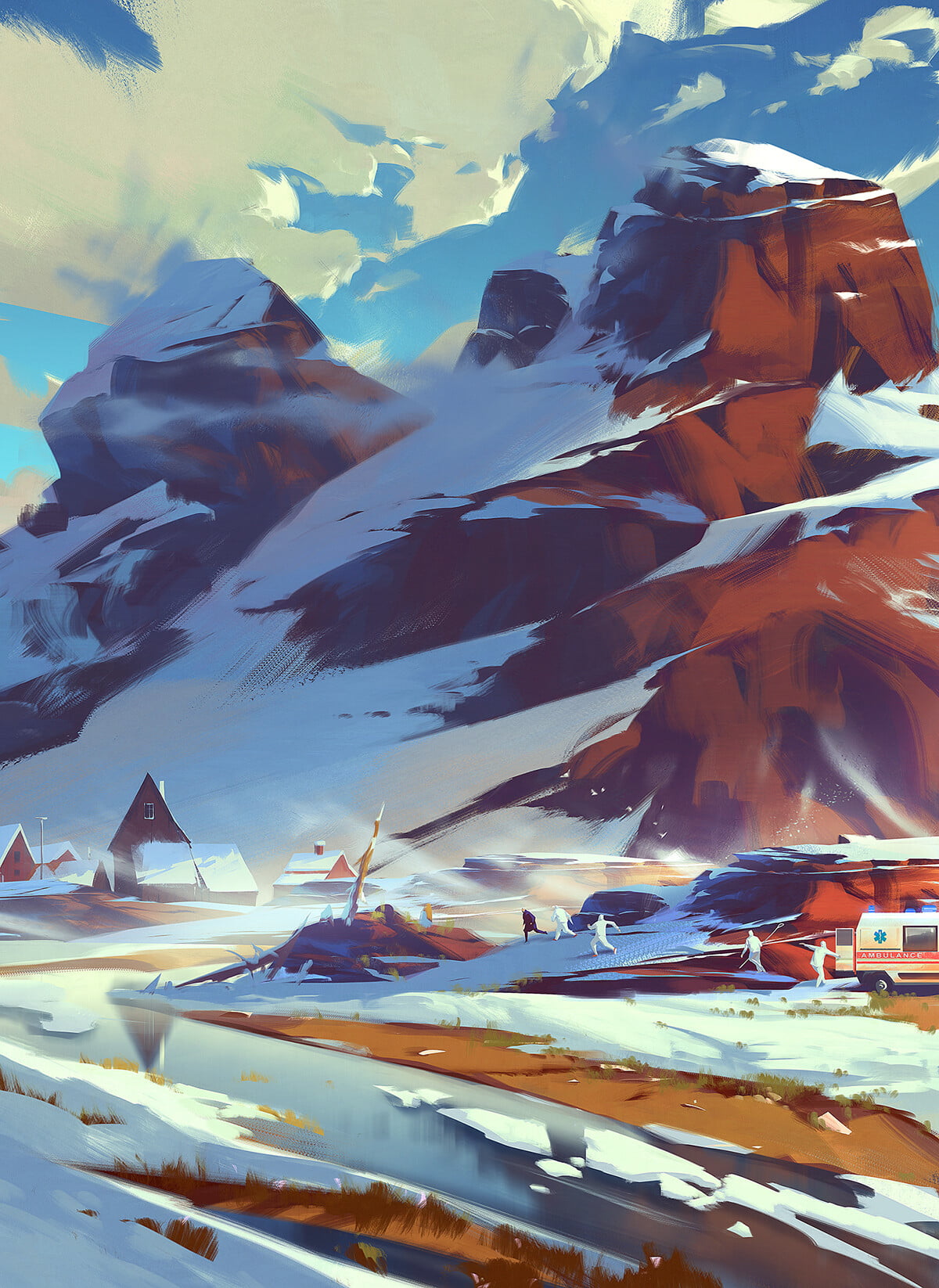 snow, landscape, Erikas Perl, ambulances, winter, people, 720P, concept art, lake, nature, mountains, illustration, Phone HD Wallpaper