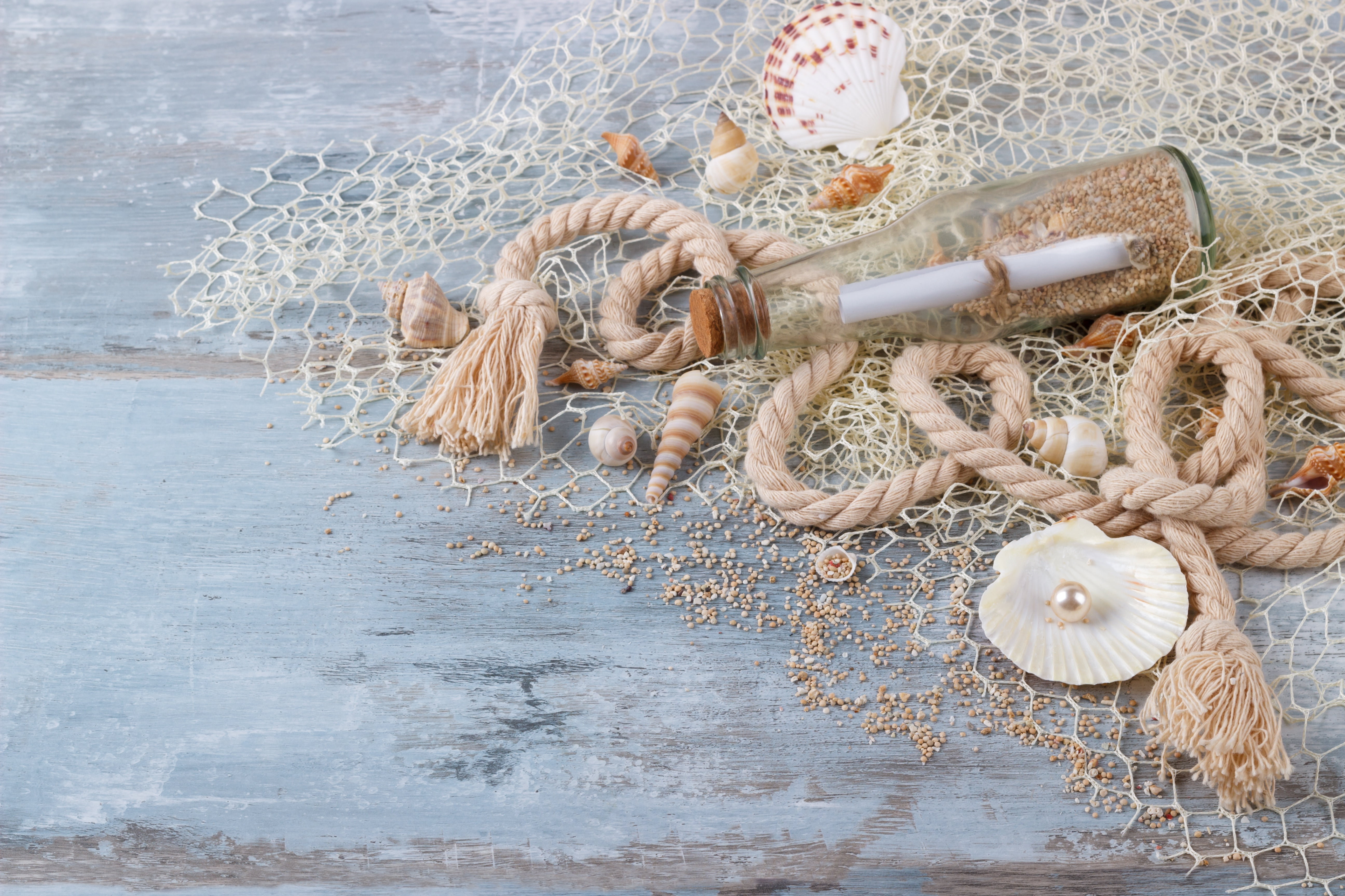 still life, shell, sand, seashells, pearl, wood, bottle, 5K, marine, perl, HD Wallpaper
