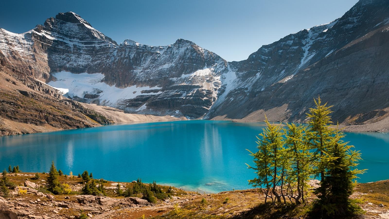 snow, mountains, lake, ontario, canada, 720P, mcarthur, water, trees, turquoise, landscapes, HD Wallpaper