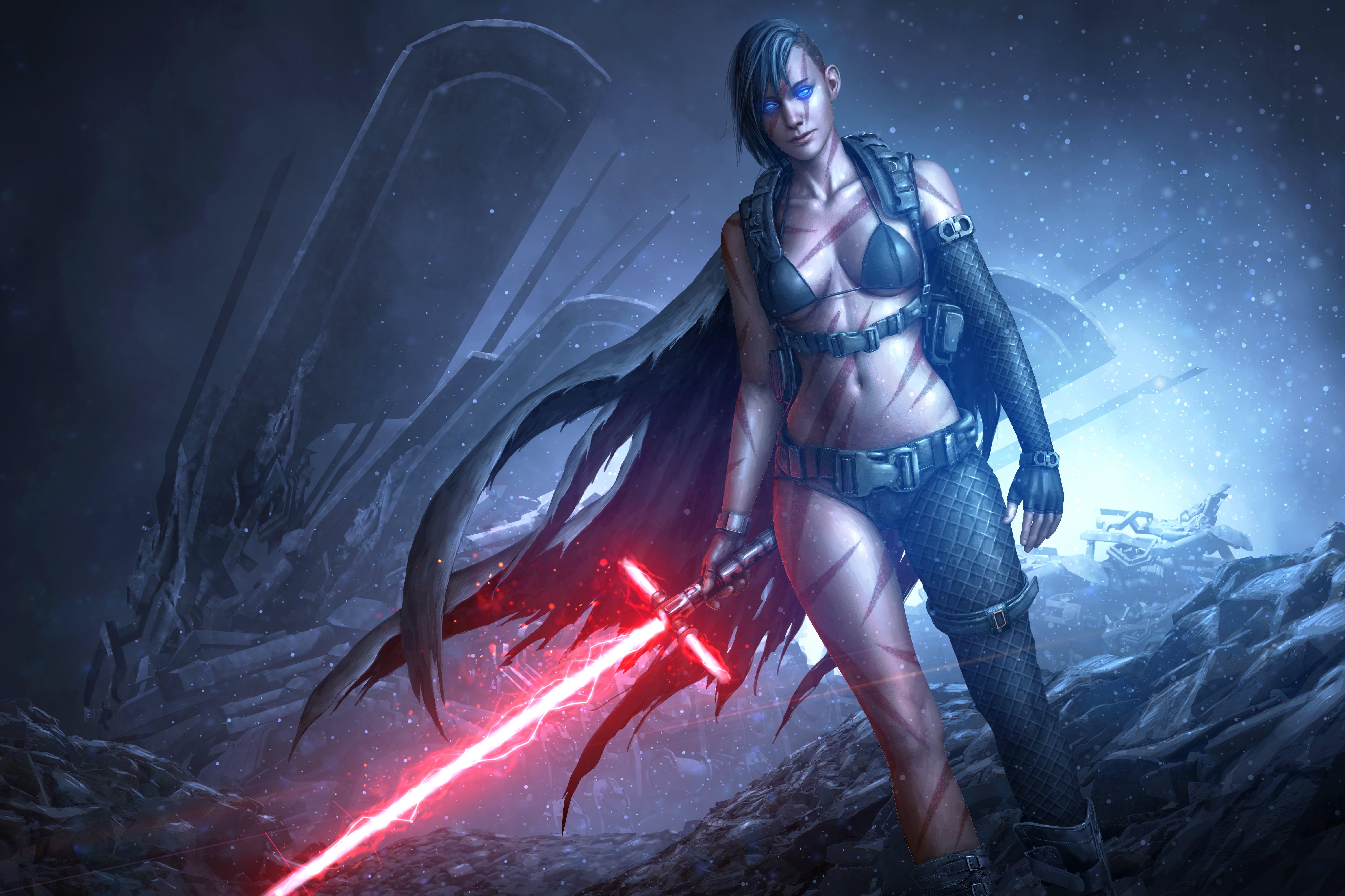 chest, beautiful people, fantasy, young women, futuristic, clothing, women, sith, lightsaber, beautiful woman, body, sparks, night, woman, hairstyle, 5K, HD Wallpaper