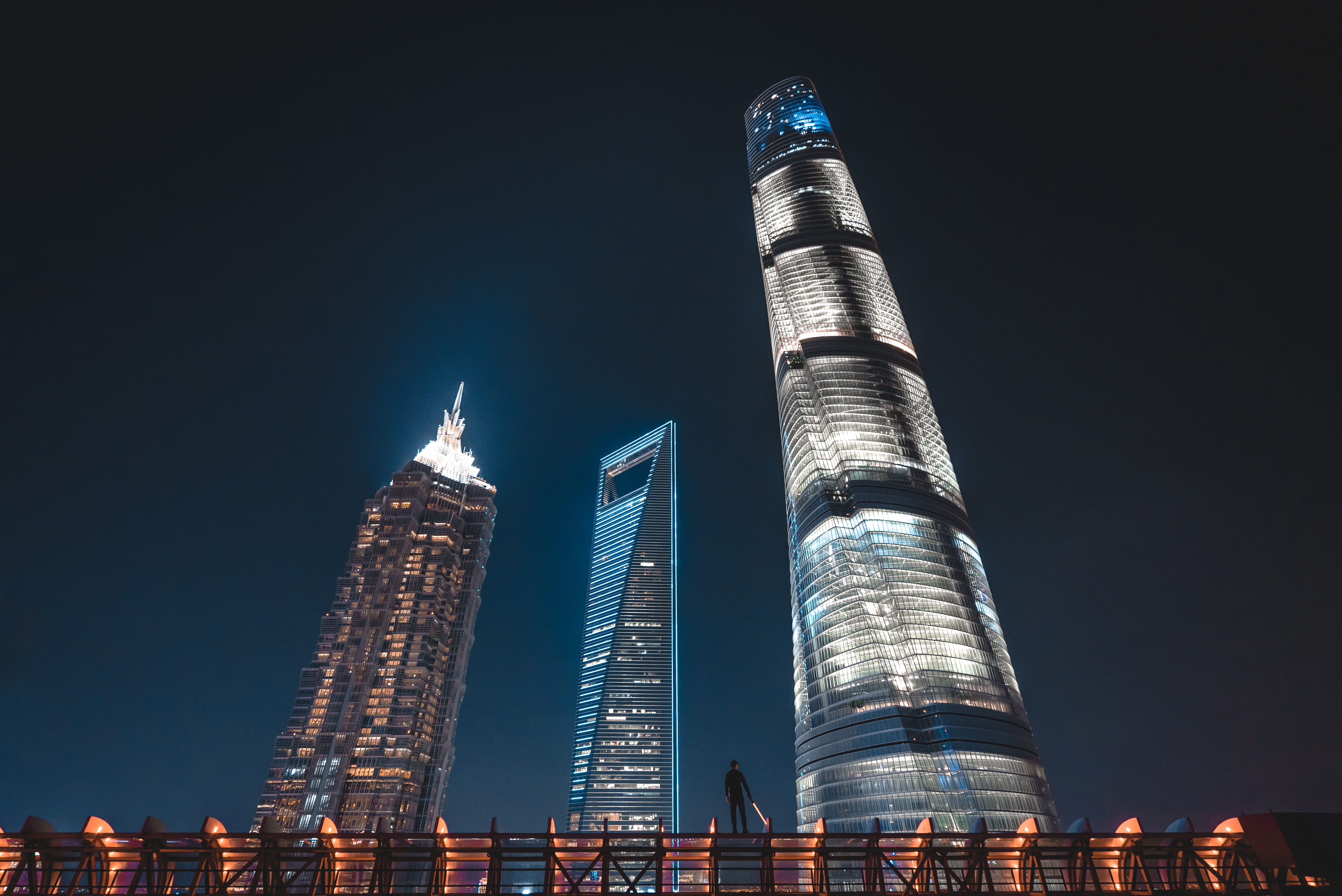 urban, city, looking out, person, three, tall - high, rise, rooftop, outdoors, shanghai, landscape, modern, blue, financial district, center, 4K, man, HD Wallpaper