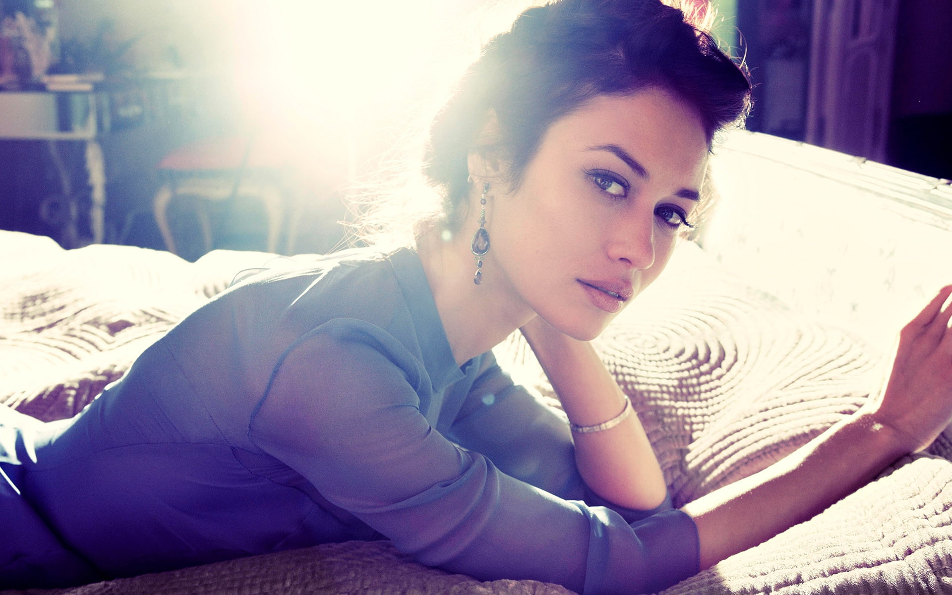 furniture, one person, hairstyle, looking at camera, indoors, lying on front, Olga, young adult, contemplation, lens flare, 2015, relaxation, beautiful woman, HD Wallpaper