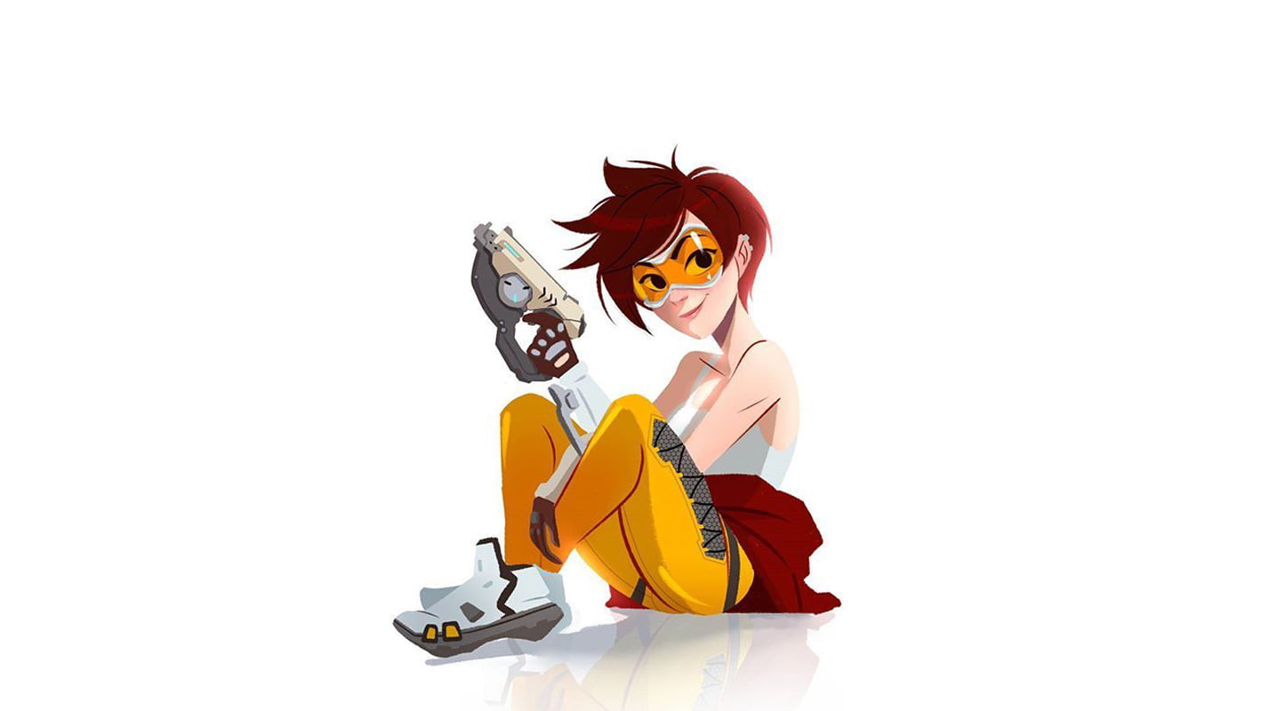 white background, PC gaming, sitting, Overwatch, Tracer (Overwatch), simple background, 720P, gun, smiling, HD Wallpaper