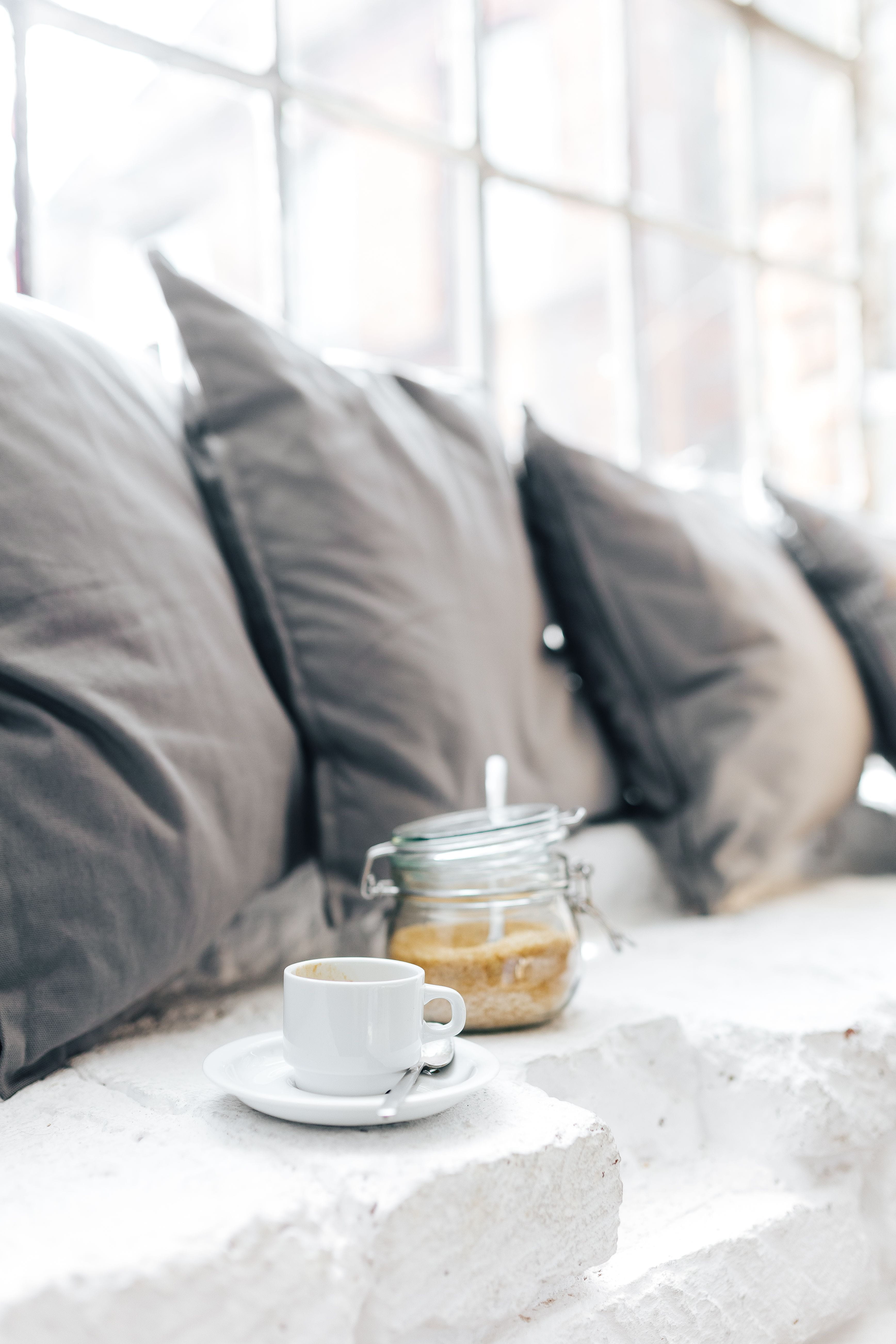 relaxation, furniture, no people, pillow, Morning coffee, day, mug, freshness, pillows, brown sugar, jar, crockery, breakfast, coffee, still life, indoors, Phone HD Wallpaper