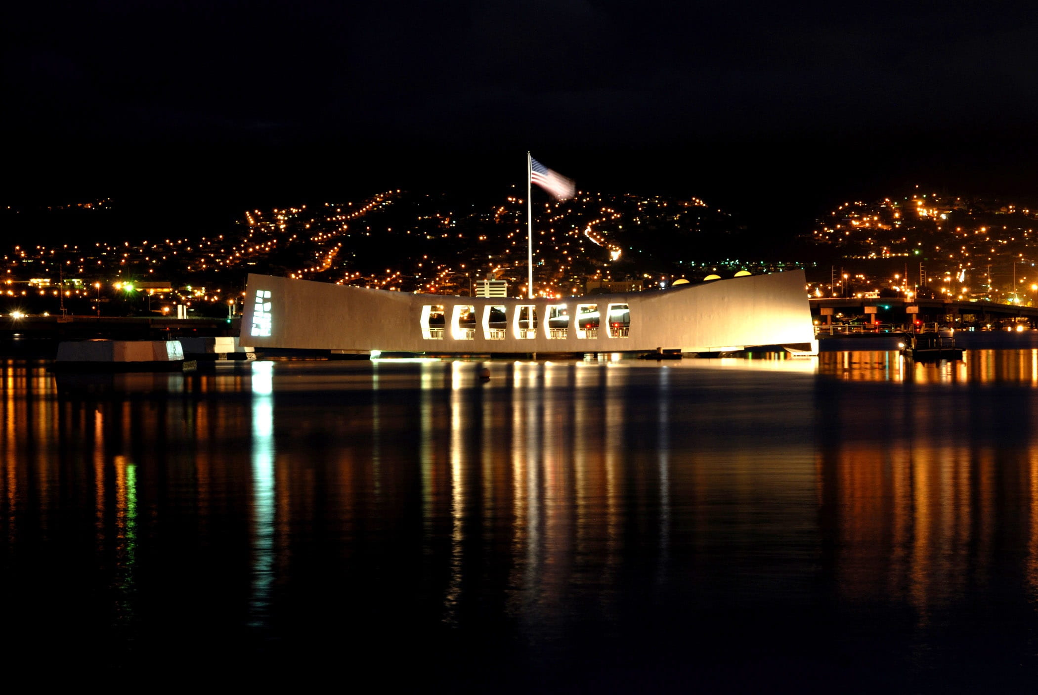 navy, usa, bay, travel destinations, architecture, honolulu, illuminated, night, uss arizona, 1080P, water, cityscape, hawaii, memorial, outdoors, city, HD Wallpaper