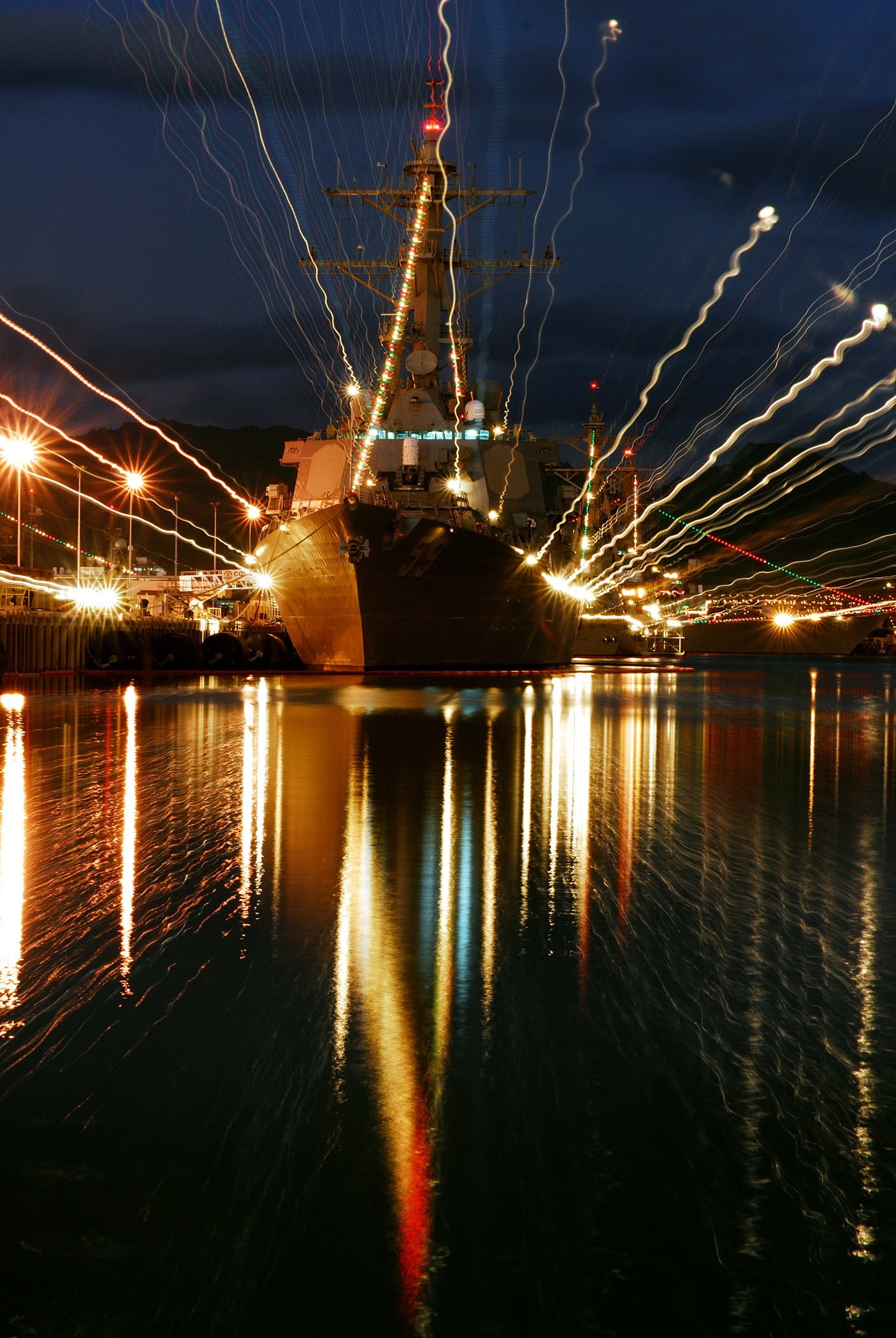 built structure, transportation, light tracks, night, nautical vessel, building exterior, water, outdoors, lighting, 1080P, lights, sky, river, reflection, Phone HD Wallpaper