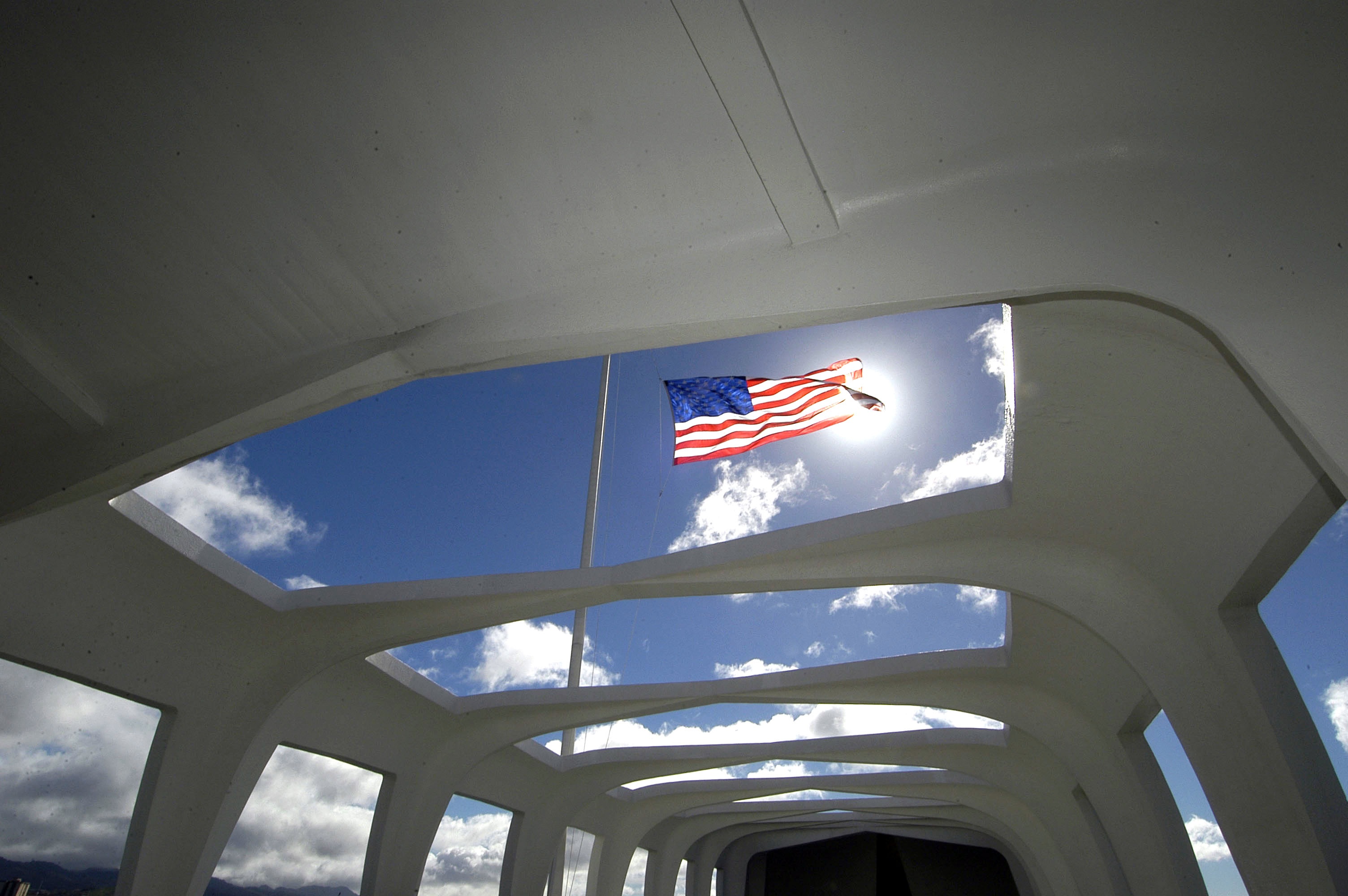 highlight, pearl harbor, low angle view, freedom, built structure, ship, sunk, uss arizona, flag, waving, sunlight, emotion, national icon, patriotism, HD Wallpaper