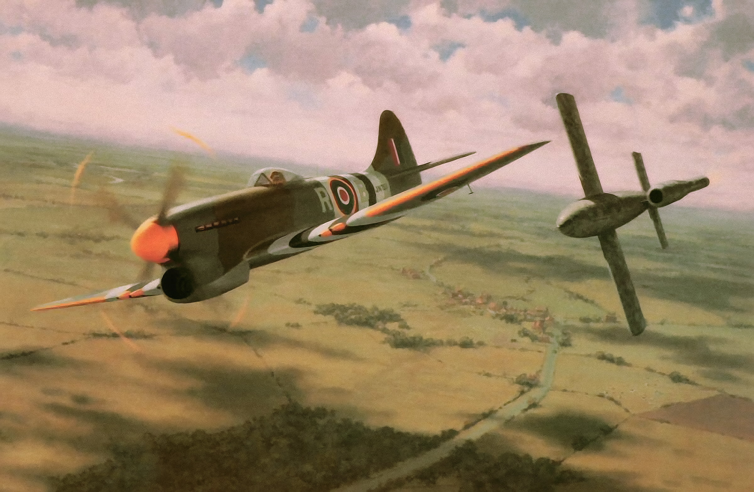painting, art, drawing, war, 1080P, ww2, the hawker tempest, v1 bomb, british aircraft, HD Wallpaper