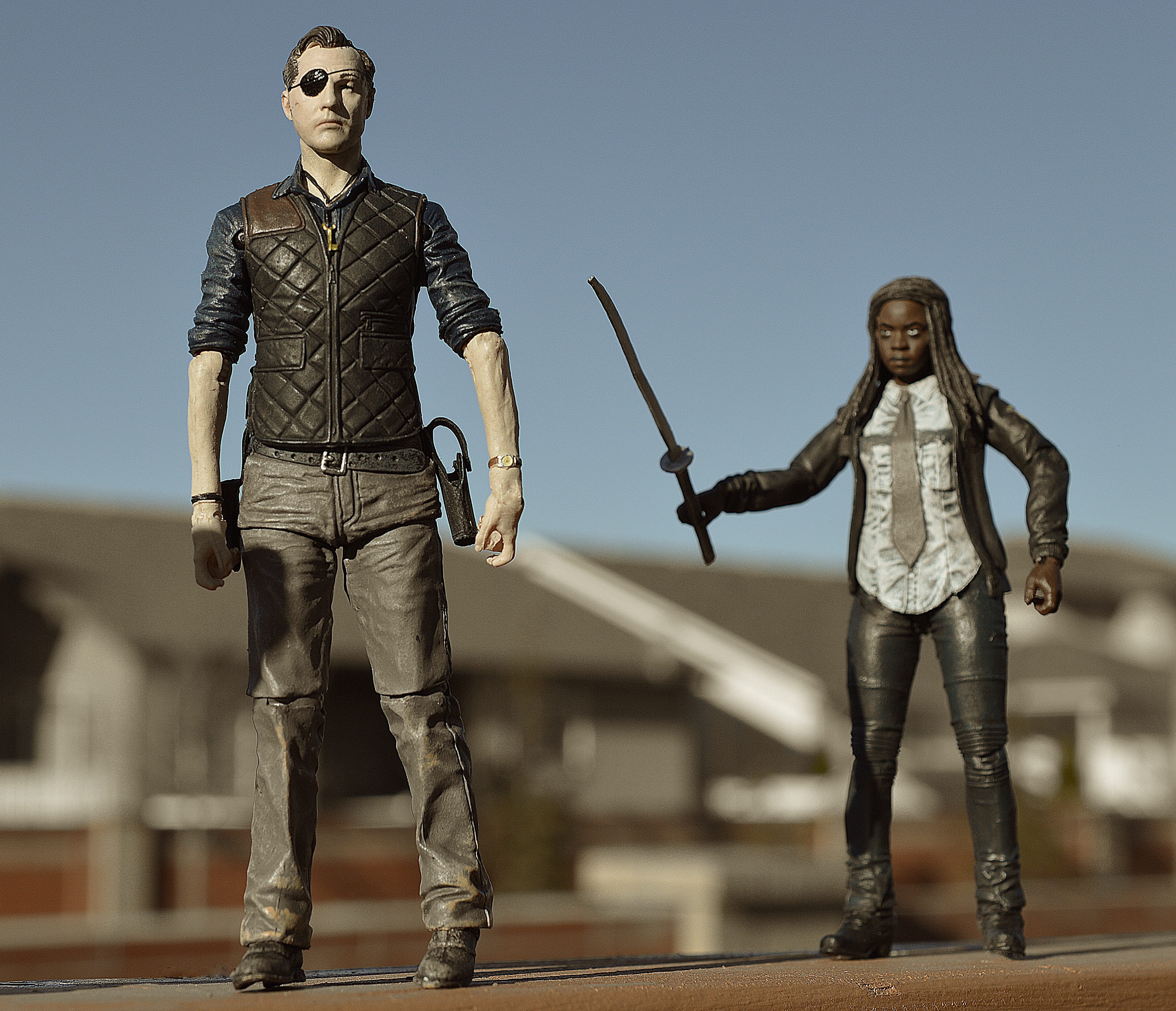 full length, front view, toy Soldier, outdoors, adults only, figurine, focus on foreground, action figure, apocalypse, doll, clear sky, tv, Michonne, television, HD Wallpaper