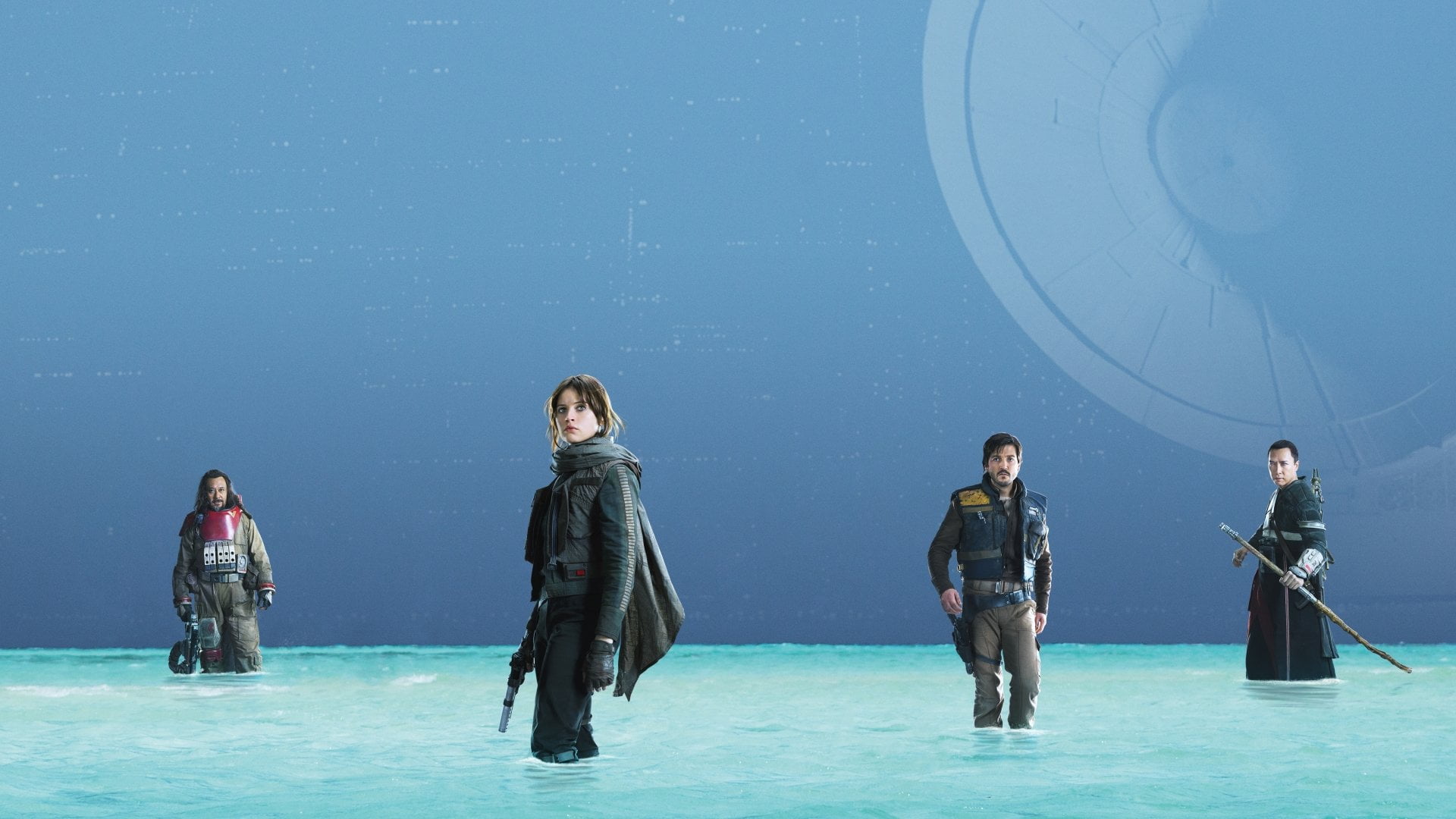 Chirrut Îmwe, night, blue, group of people, water, men, young adult, pool, people, digital composite, standing, Jiang Wen, Diego Luna, Felicity Jones, 1080P, HD Wallpaper
