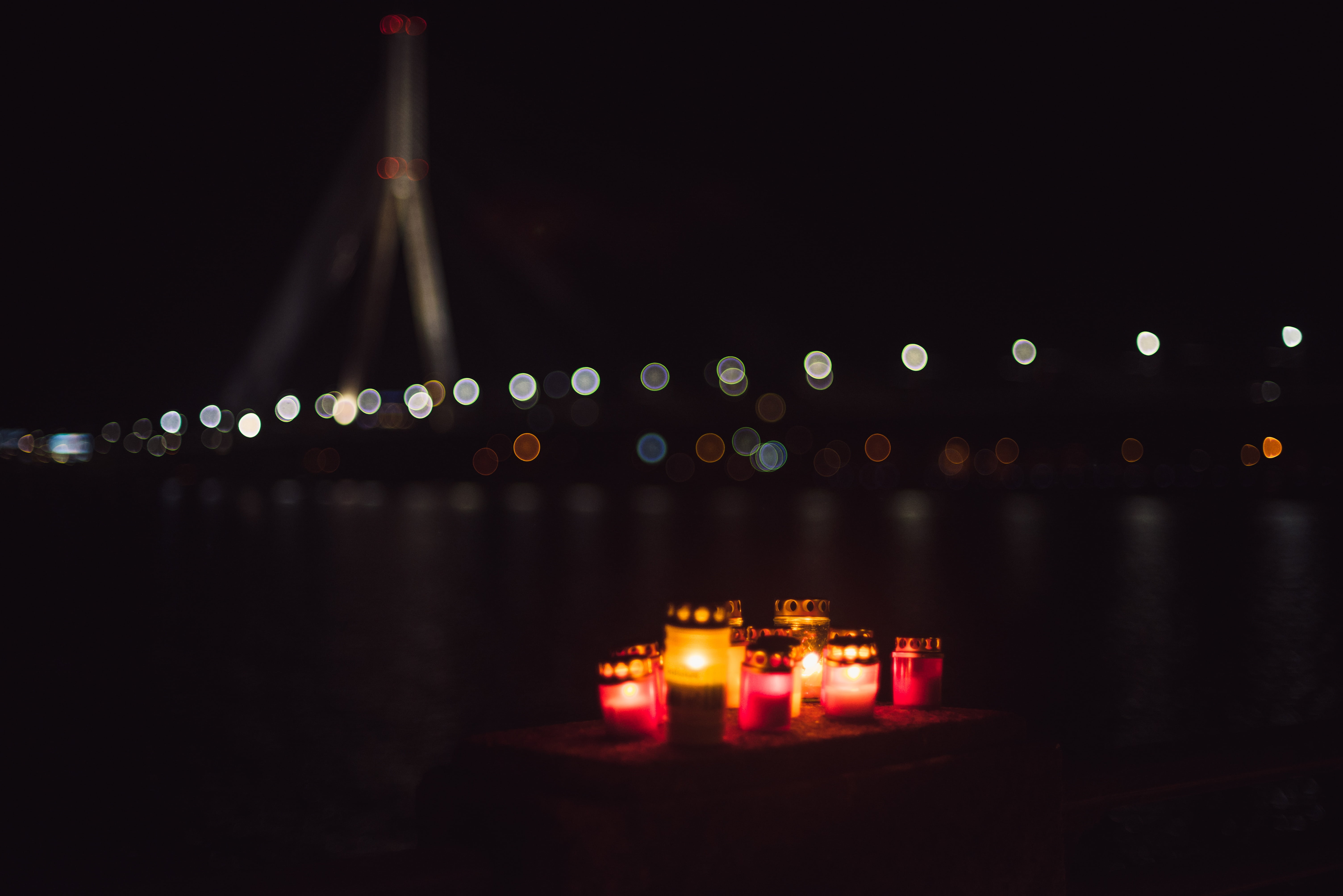 evening, focus, reflection, illuminated, dark, river, bridge - man made structure, photography, floating, tea light, glowing, no people, travel destinations, HD Wallpaper