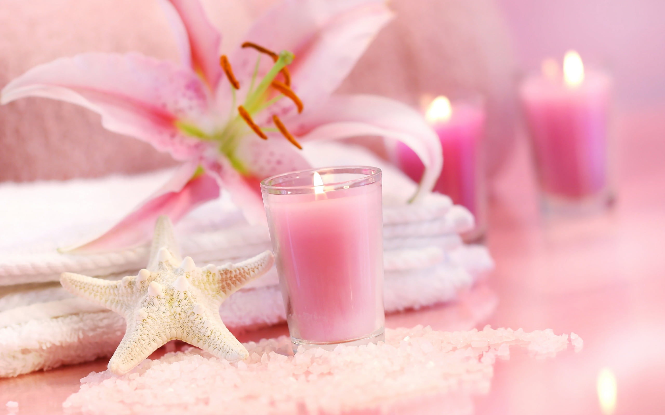still life, gentle mood, crystals, Lily, pink color, selective focus, softness, Tender spirit, beauty in nature, plant, candles, spa treatment, Spa, 2K, HD Wallpaper