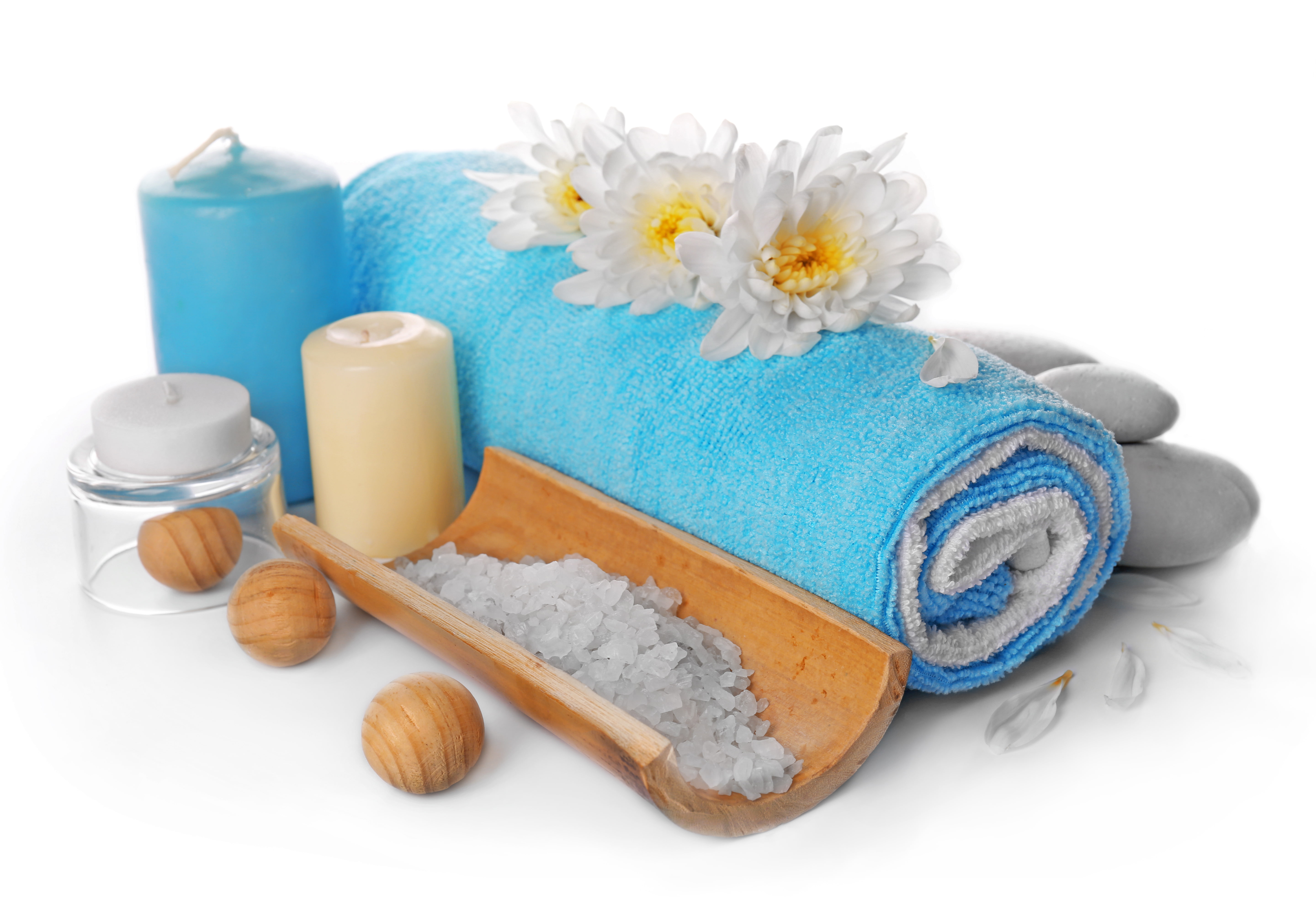 candles, salt, 5K, wellness, relax, Spa, flowers, still life, HD Wallpaper