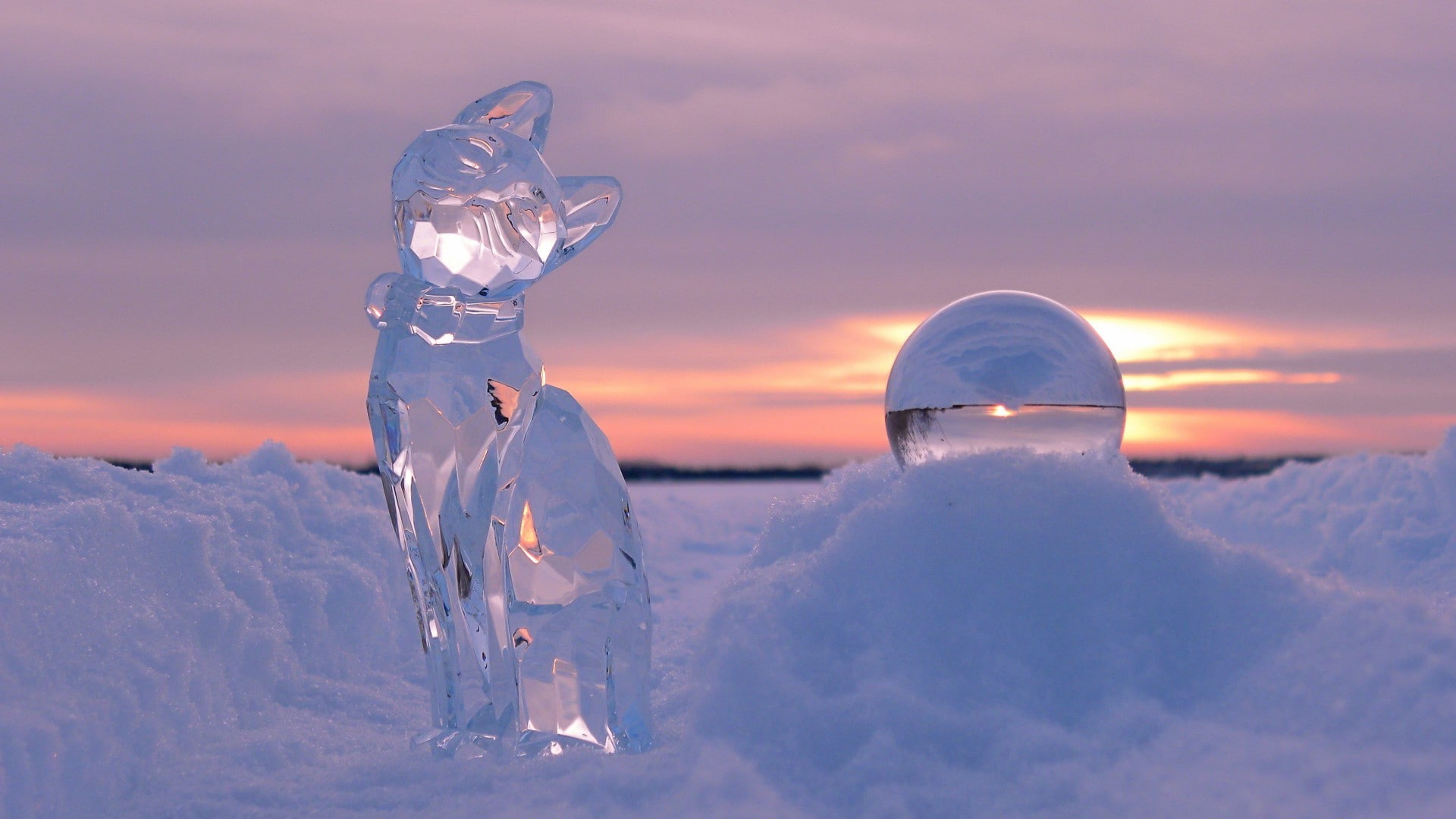 ball, nature, sunset, snow, 1080P, ice, clouds, winter, glass, depth of field, crystal, kittens, cat, reflection, sphere, HD Wallpaper