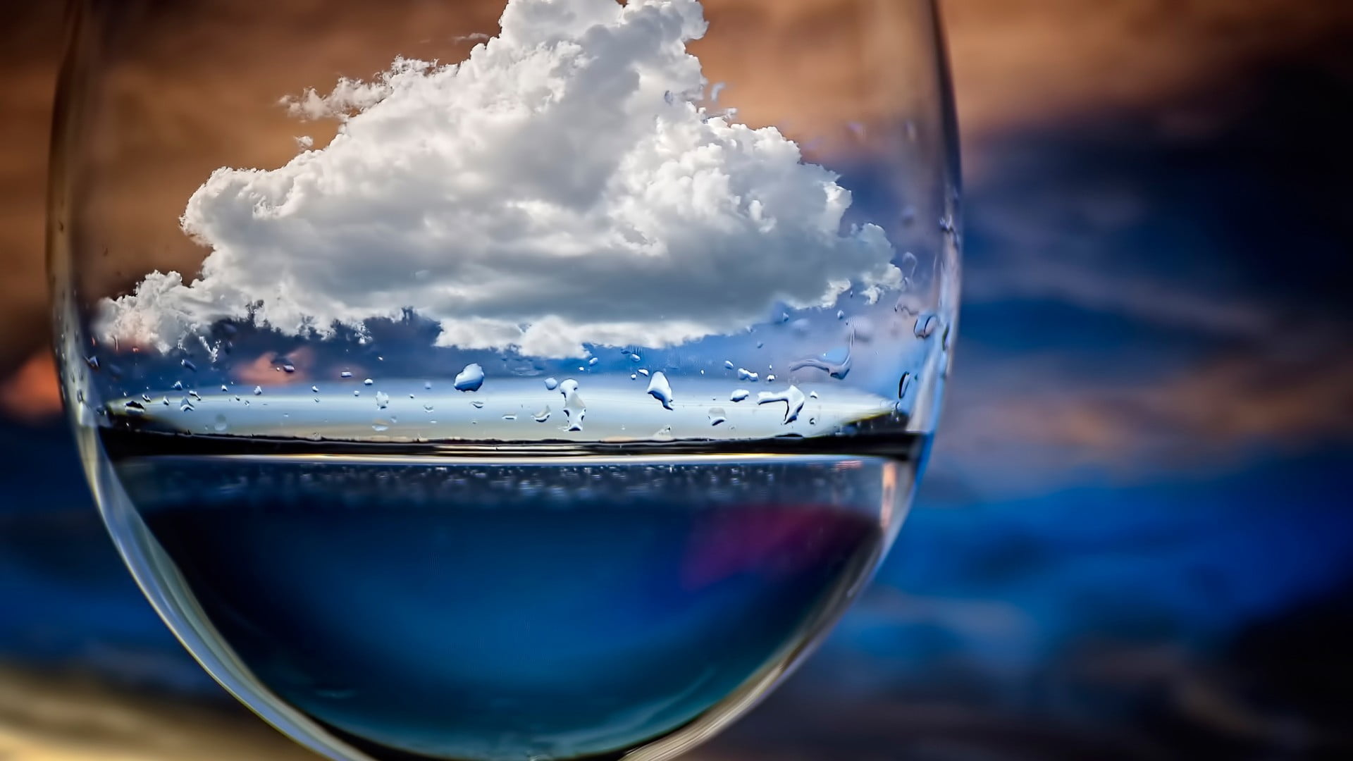 glass, water, clouds, close-up, 1080P, food, depth of field, food and drink, focus on foreground, sky, freshness, wine, water drops, nature, no people, HD Wallpaper