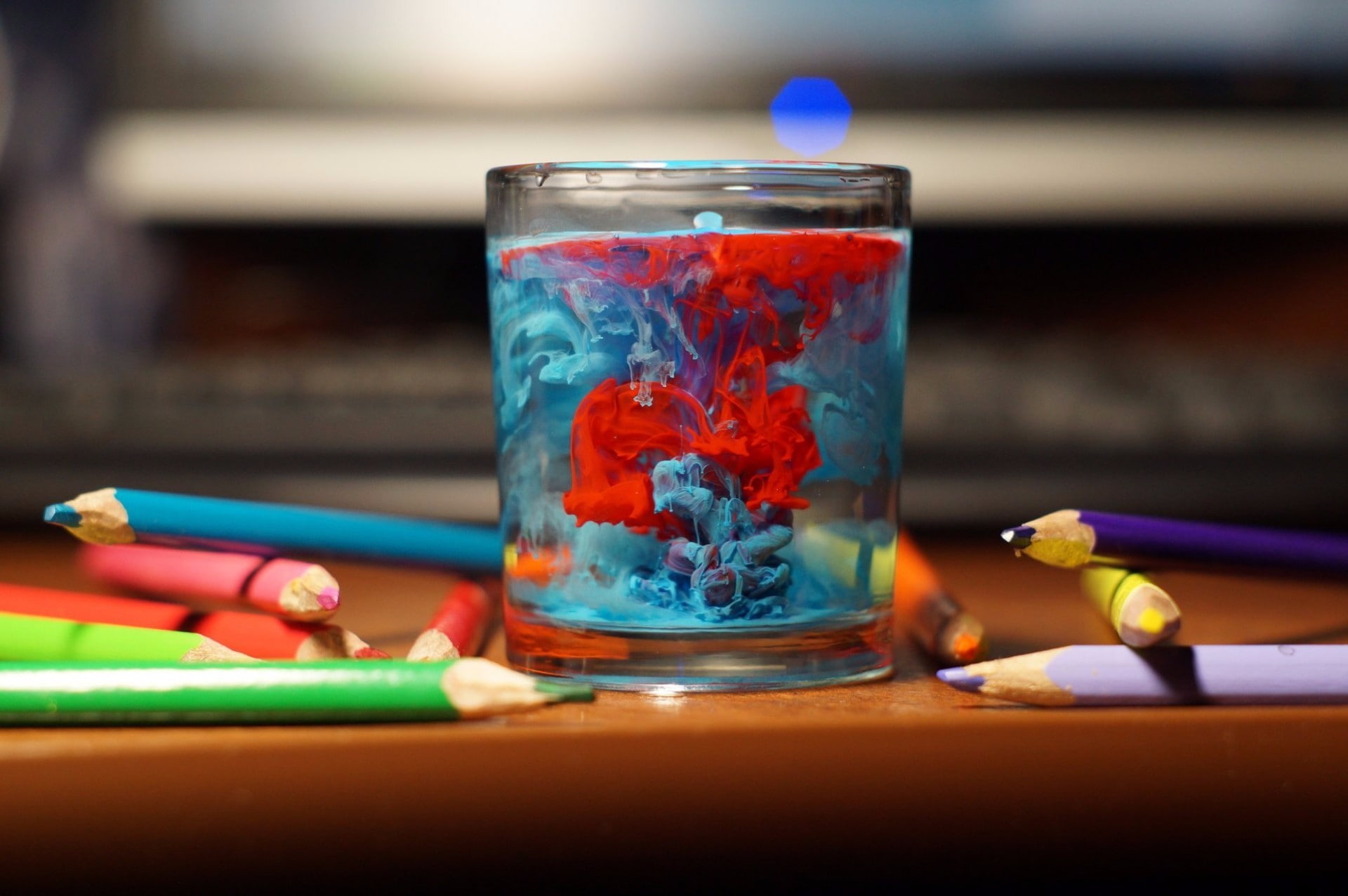 1080P, watercolor, food and drink, bokeh, selective focus, water, colorful, wood - material, depth of field, choice, art and craft, table, paint in water, HD Wallpaper