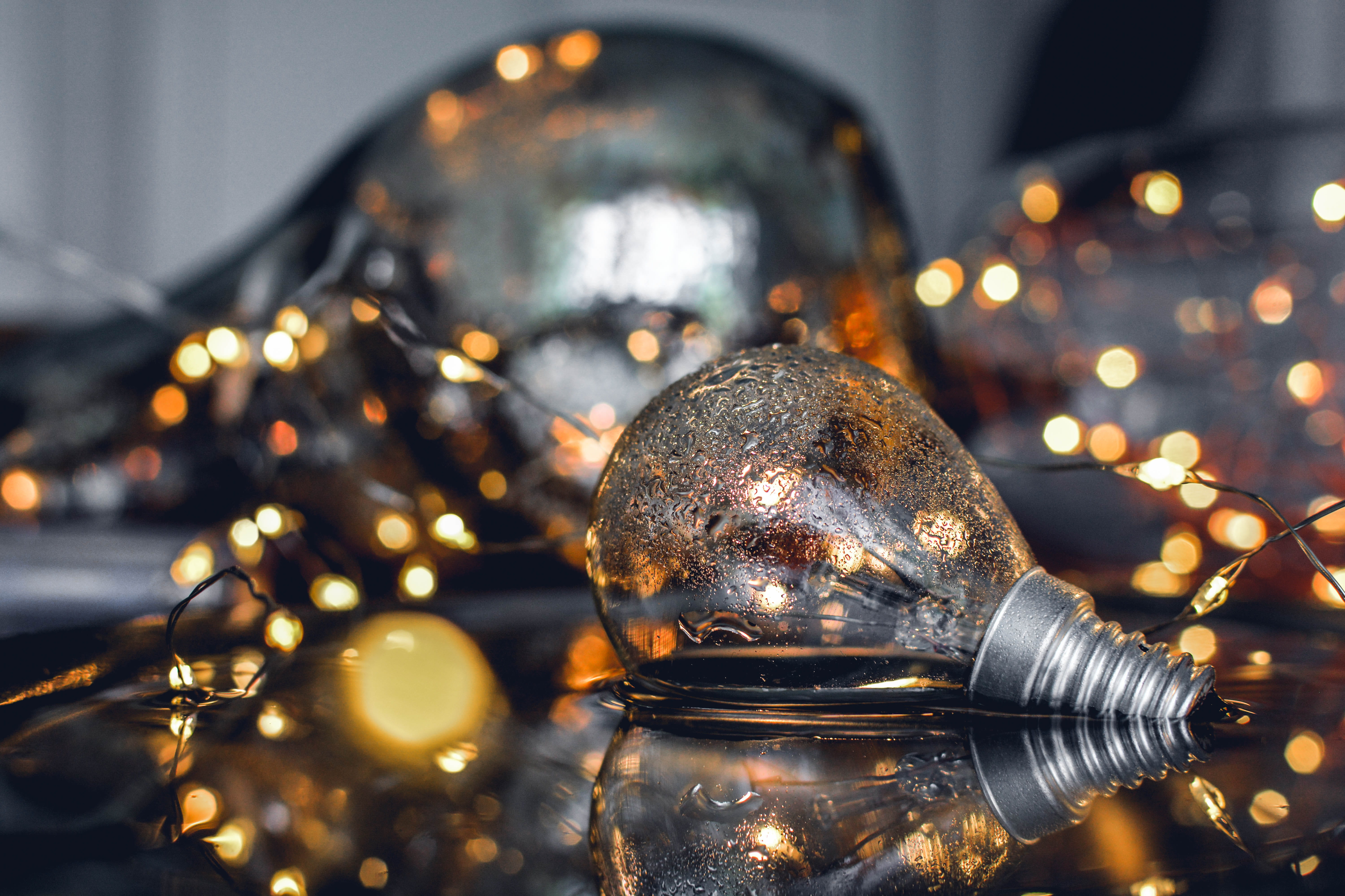 silver colored, christmas ornament, shiny, bulb, fairy lights, close, decoration, holiday, blur, no people, focus, winter, lighting equipment, christmas decoration, HD Wallpaper