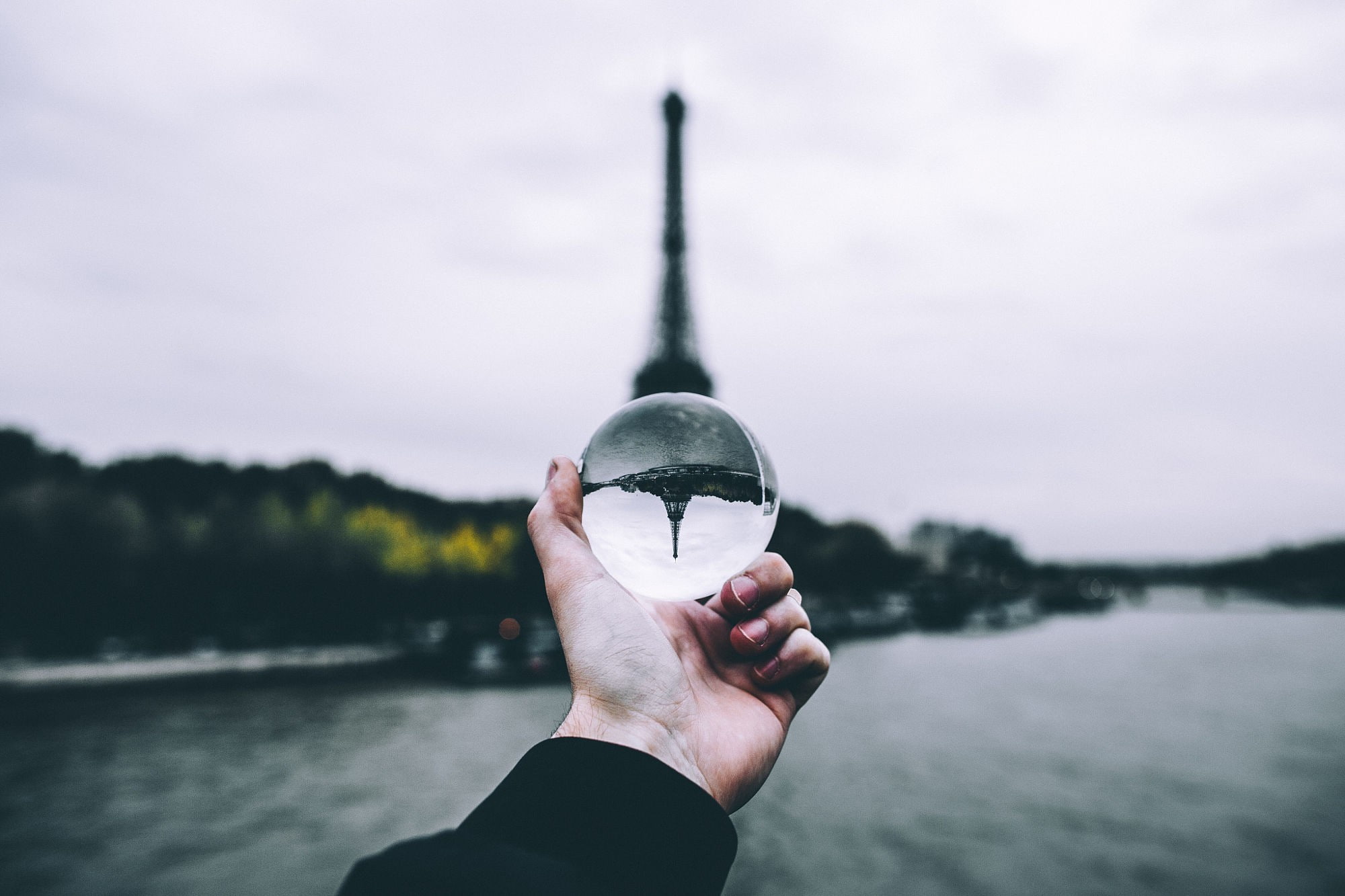 sphere, upside down, Paris, macro, nature, Eiffel Tower, hands, photography, trees, 1080P, depth of field, reflection, blurred, globes, HD Wallpaper