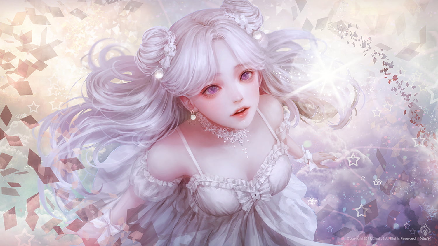 white background, purple eyes, white necklace, wedding dress, violet eyes, anime girls, white dress, pearl earrings, 720P, white hair, ribbon, Ribbon on, HD Wallpaper