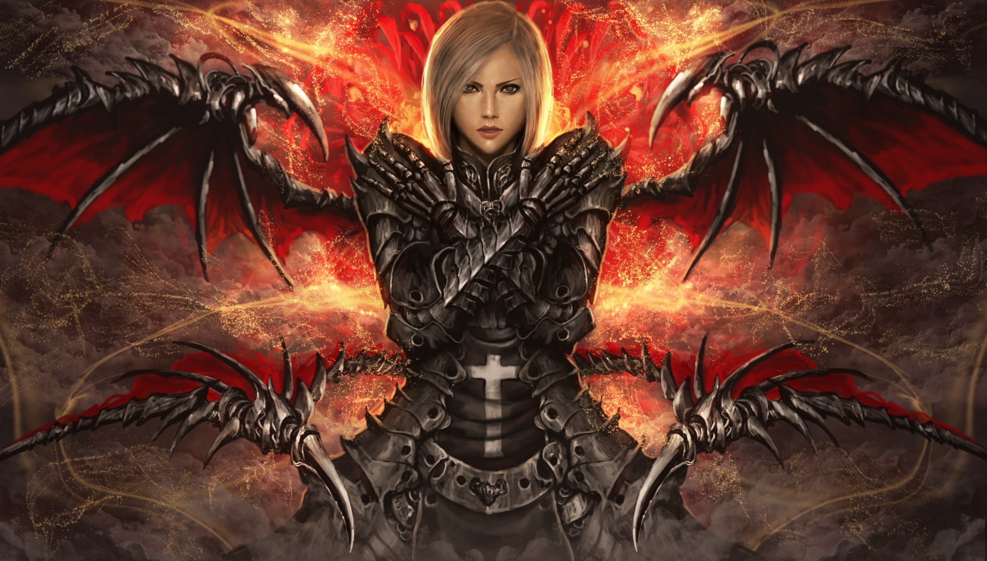 wings, 1080P, folded hands, armor, girl, cross, HD Wallpaper