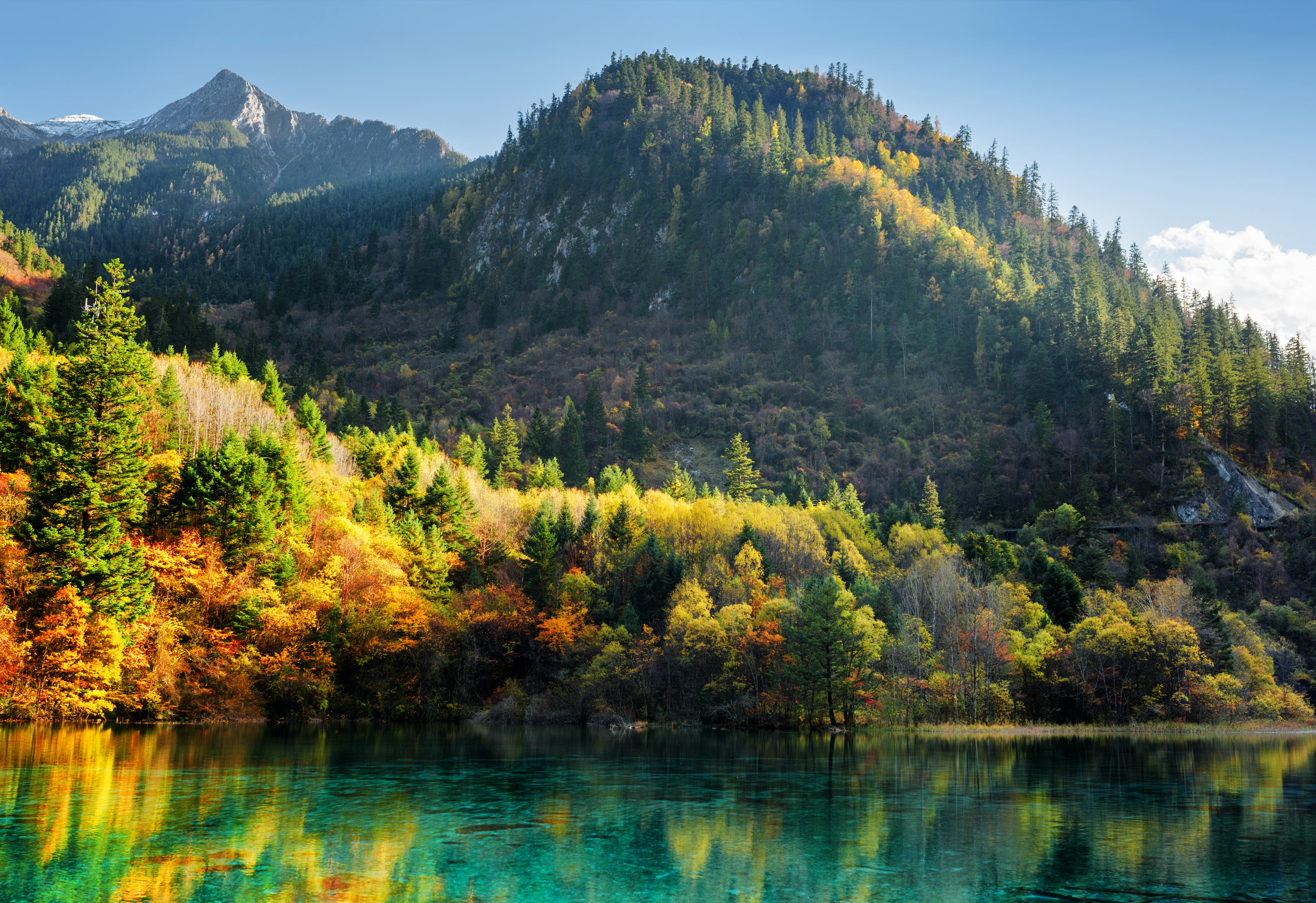 China, Jiuzhaigou, reserve, trees, colorful, 4K, autumn, forest, lake, Sunny, mountains, HD Wallpaper