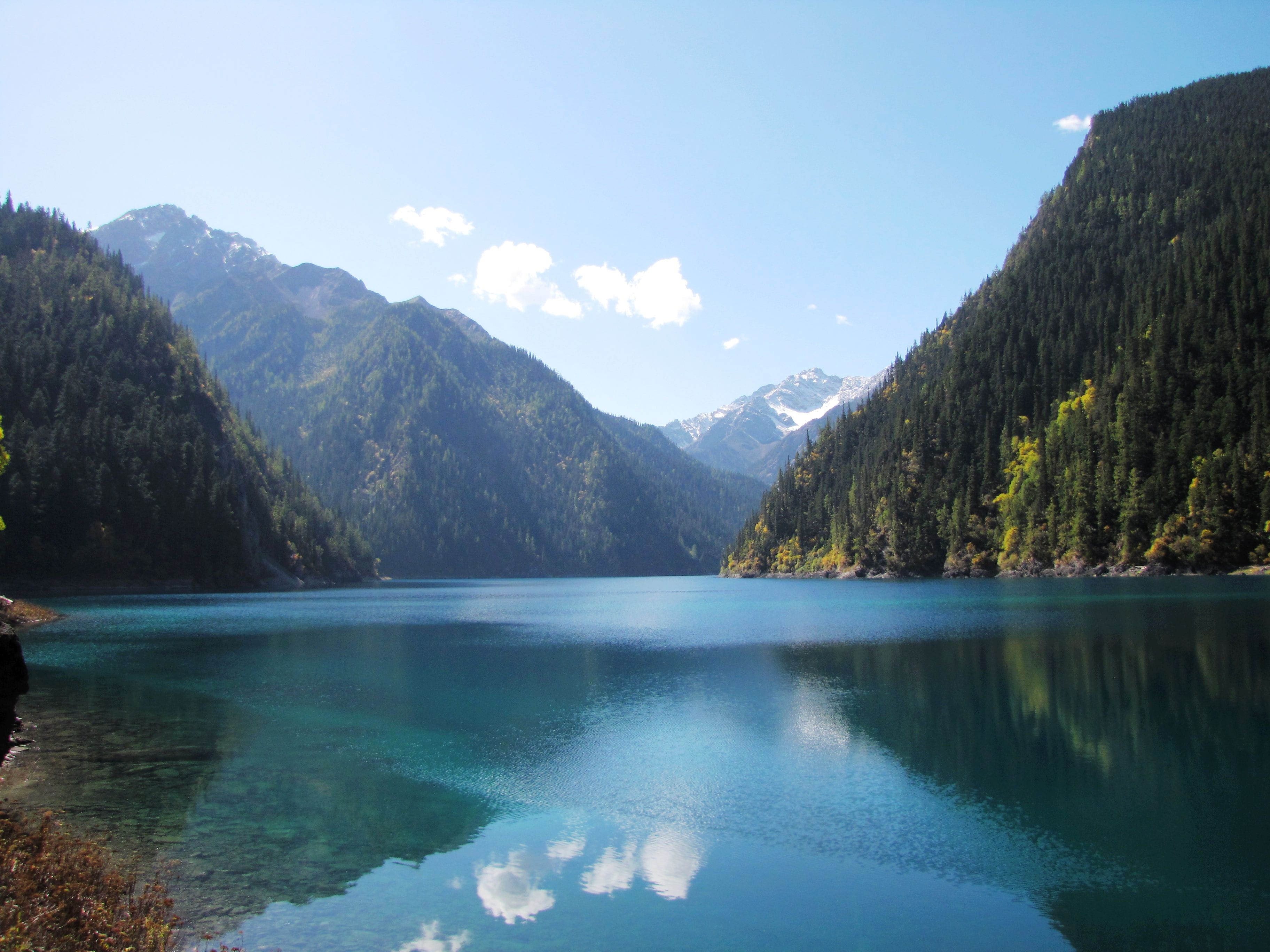 tranquility, mountain range, day, blue sky, no people, outdoors, water, non-urban scene, tranquil scene, jiuzhaigou, tree, plant, mountain, beauty in nature, HD Wallpaper