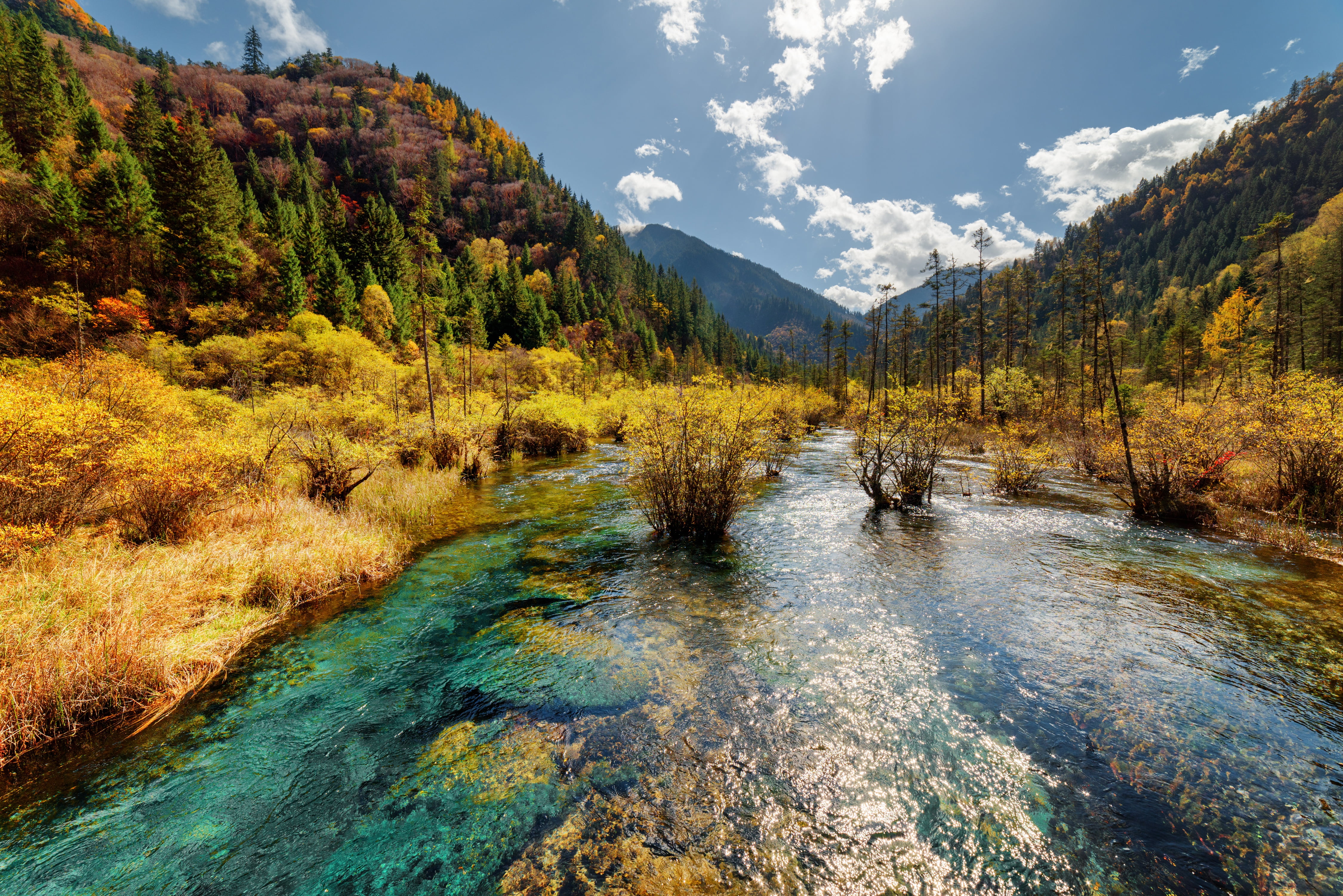 reserve, river, sky, Jiuzhaigou, nature, trees, growth, outdoors, idyllic, mountain range, scenics - nature, tranquility, mountain, plant, beauty in nature, HD Wallpaper